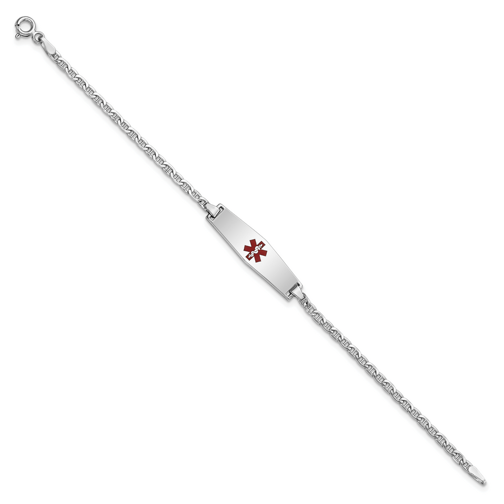 14k White Gold Medical Semi-Solid Chain/Solid Plate 25x7mm Soft Diamond Shape Centered Red Enamel Anchor Link 7 inch ID Brace