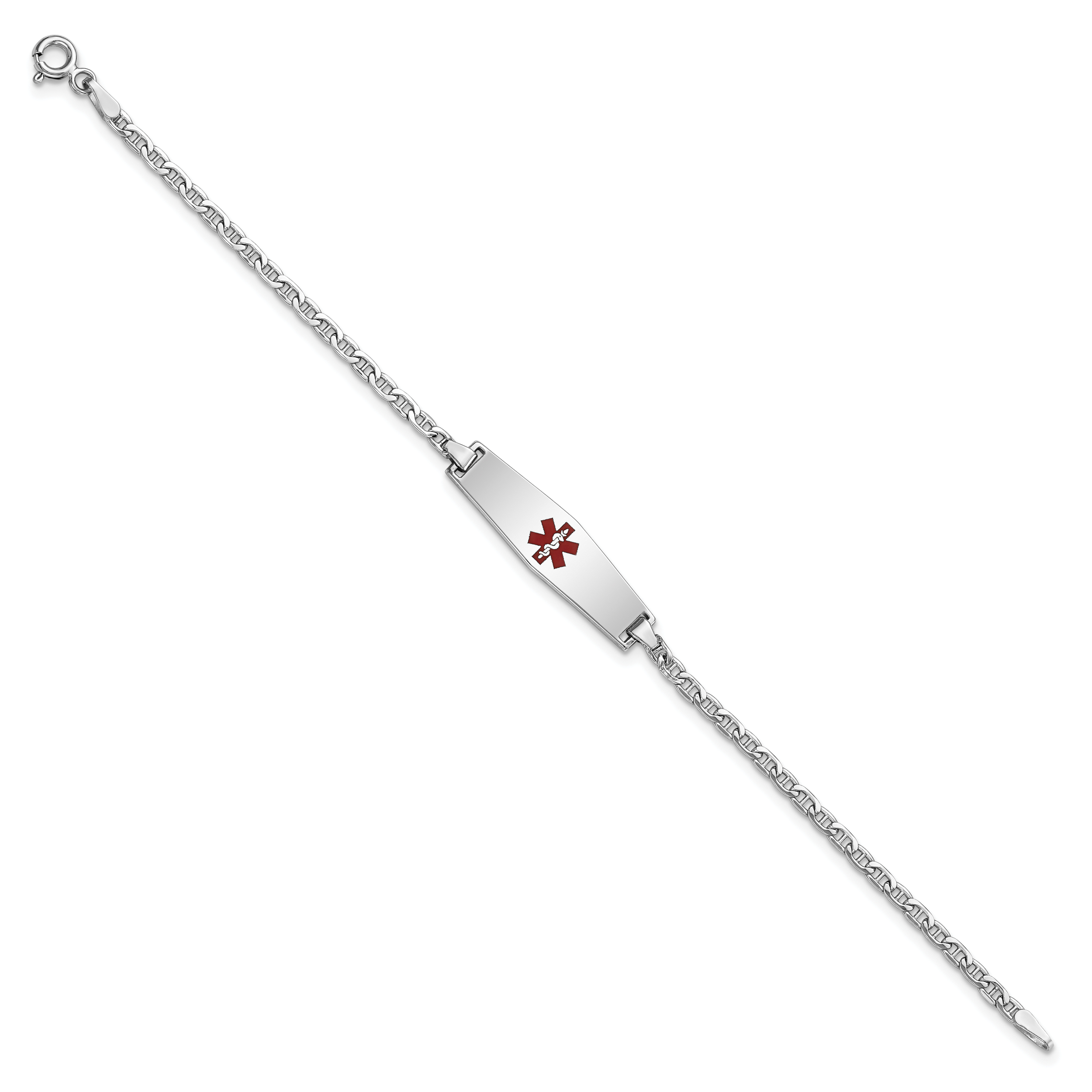 14k White Gold Medical Semi-Solid Chain/Solid Plate 25x7mm Soft Diamond Shape Centered Red Enamel Anchor Link 7 inch ID Brace