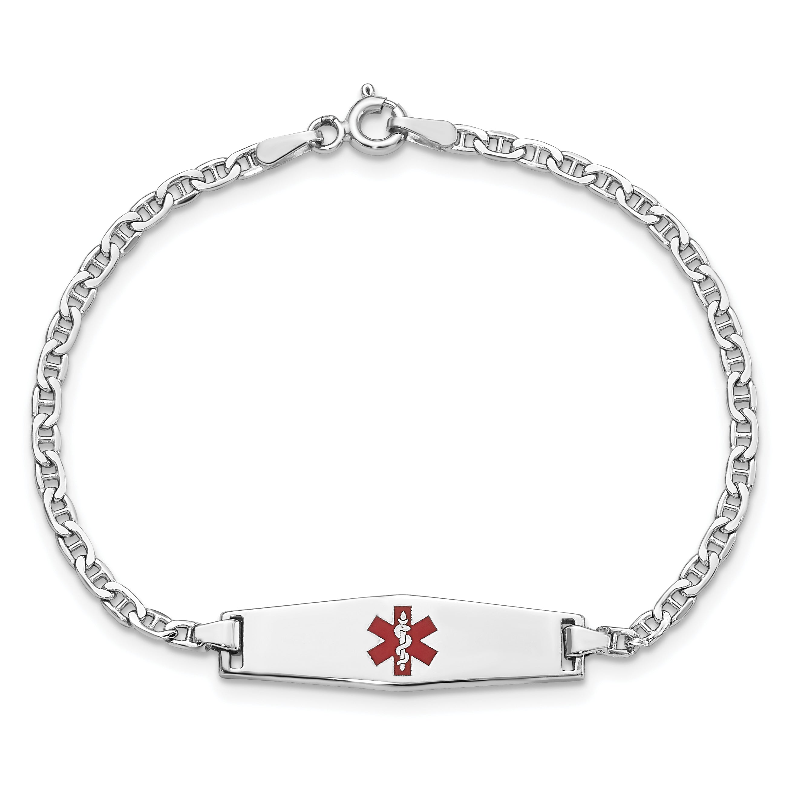 14k White Gold Medical Semi-Solid Chain/Solid Plate 25x7mm Soft Diamond Shape Centered Red Enamel Anchor Link 7 inch ID Brace