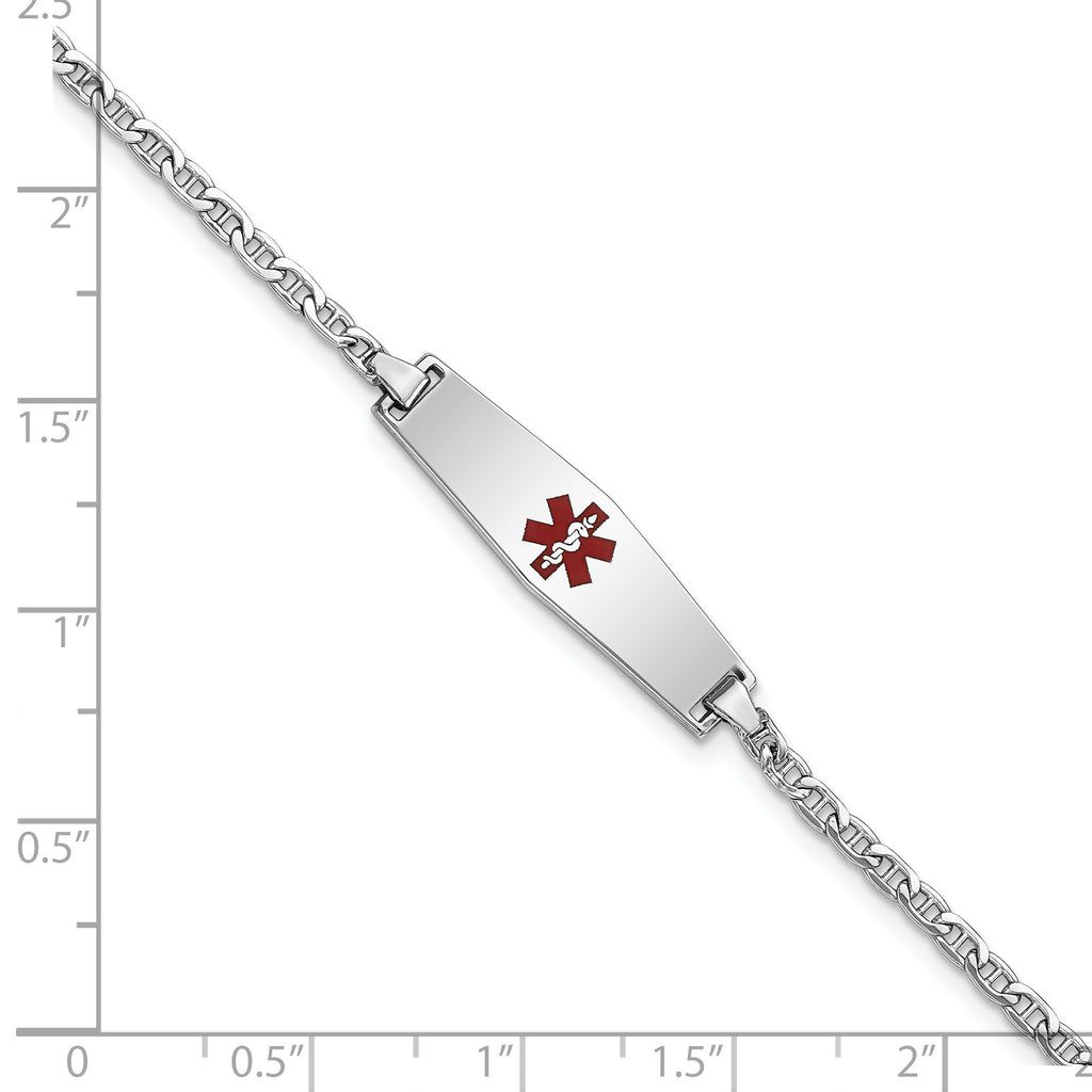 14k White Gold Medical Semi-Solid Chain/Solid Plate 25x7mm Soft Diamond Shape Centered Red Enamel Anchor Link 7 inch ID Brace