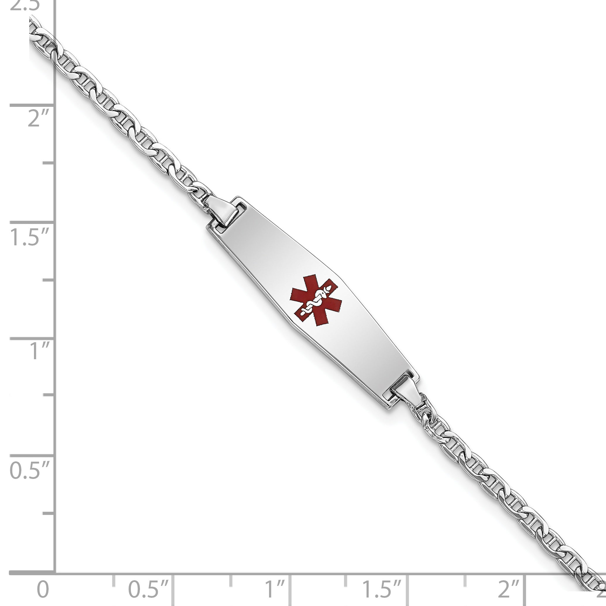 14k White Gold Medical Semi-Solid Chain/Solid Plate 25x7mm Soft Diamond Shape Centered Red Enamel Anchor Link 7 inch ID Brace