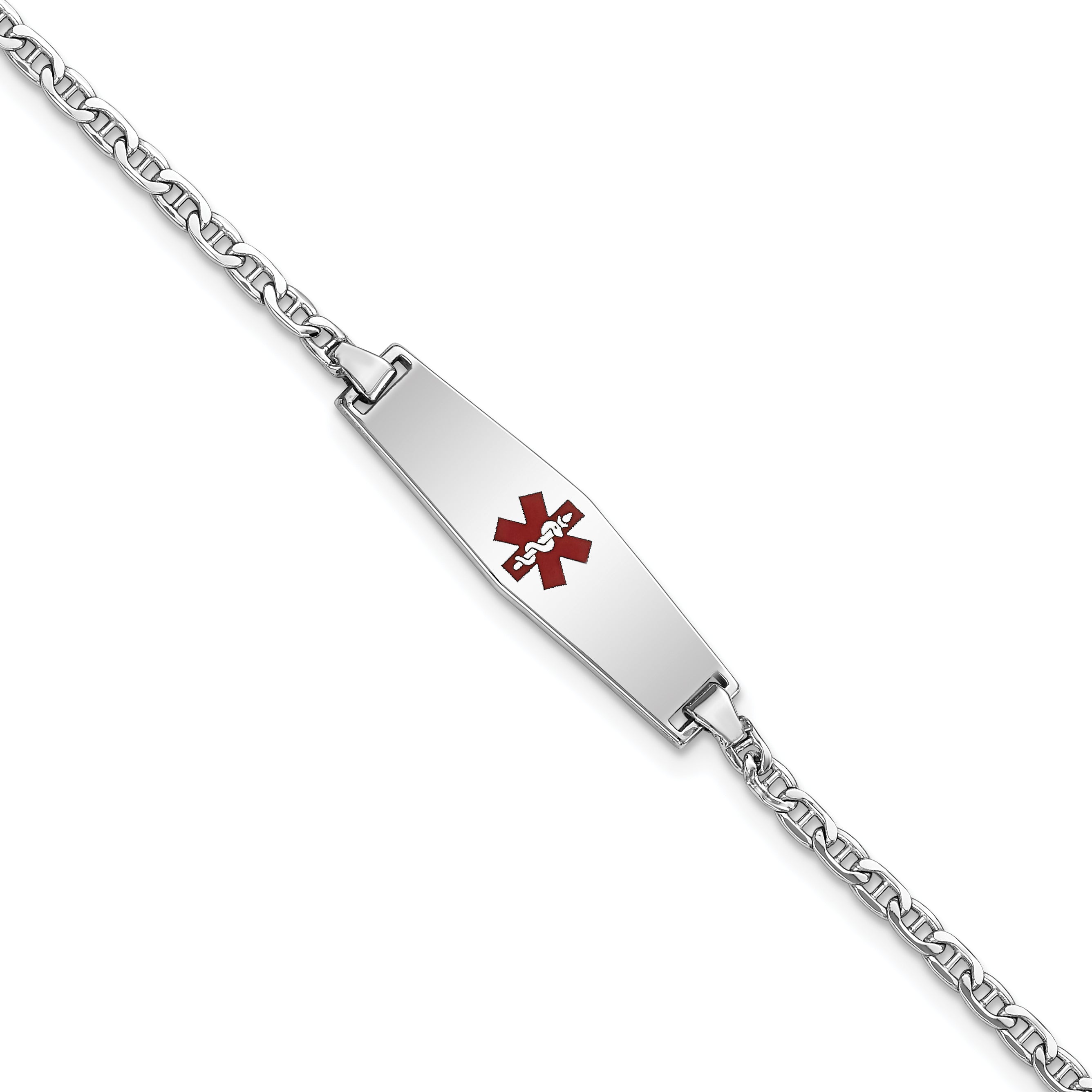 14k White Gold Medical Semi-Solid Chain/Solid Plate 25x7mm Soft Diamond Shape Centered Red Enamel Anchor Link 7 inch ID Brace