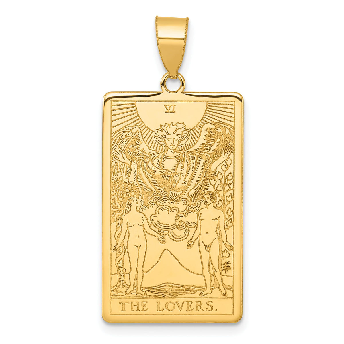 The Lovers Tarot Card Pendant in 14K Yellow Gold, 36mm Textured - Sophia Jewelers Main image