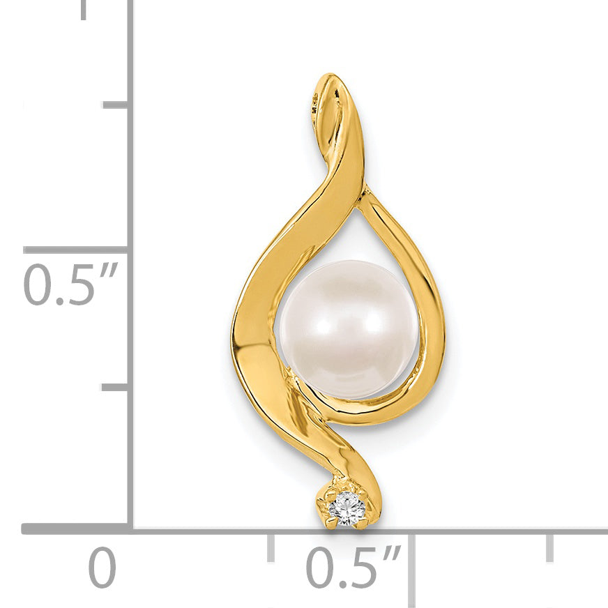 14k 5-6mm Near Round White Freshwater Cultured Pearl and AAA Diamond Chain Slide