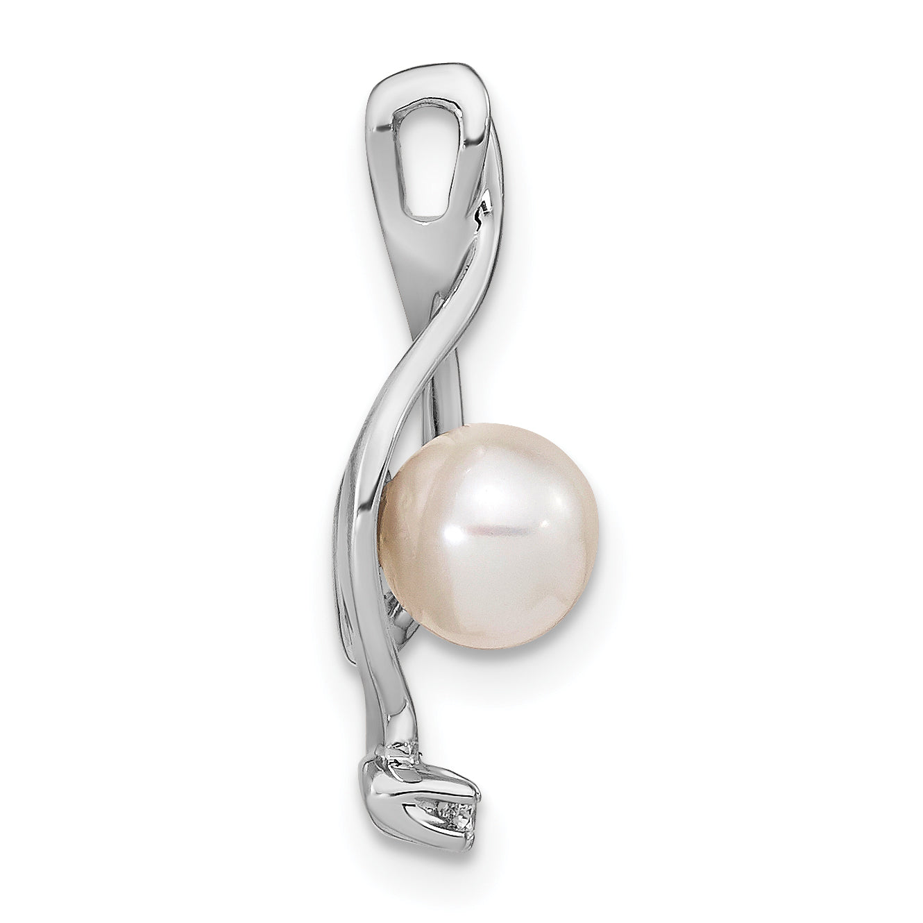 14k White Gold 5-6mm Near Round White Freshwater Cultured Pearl and AAA Diamond Chain Slide