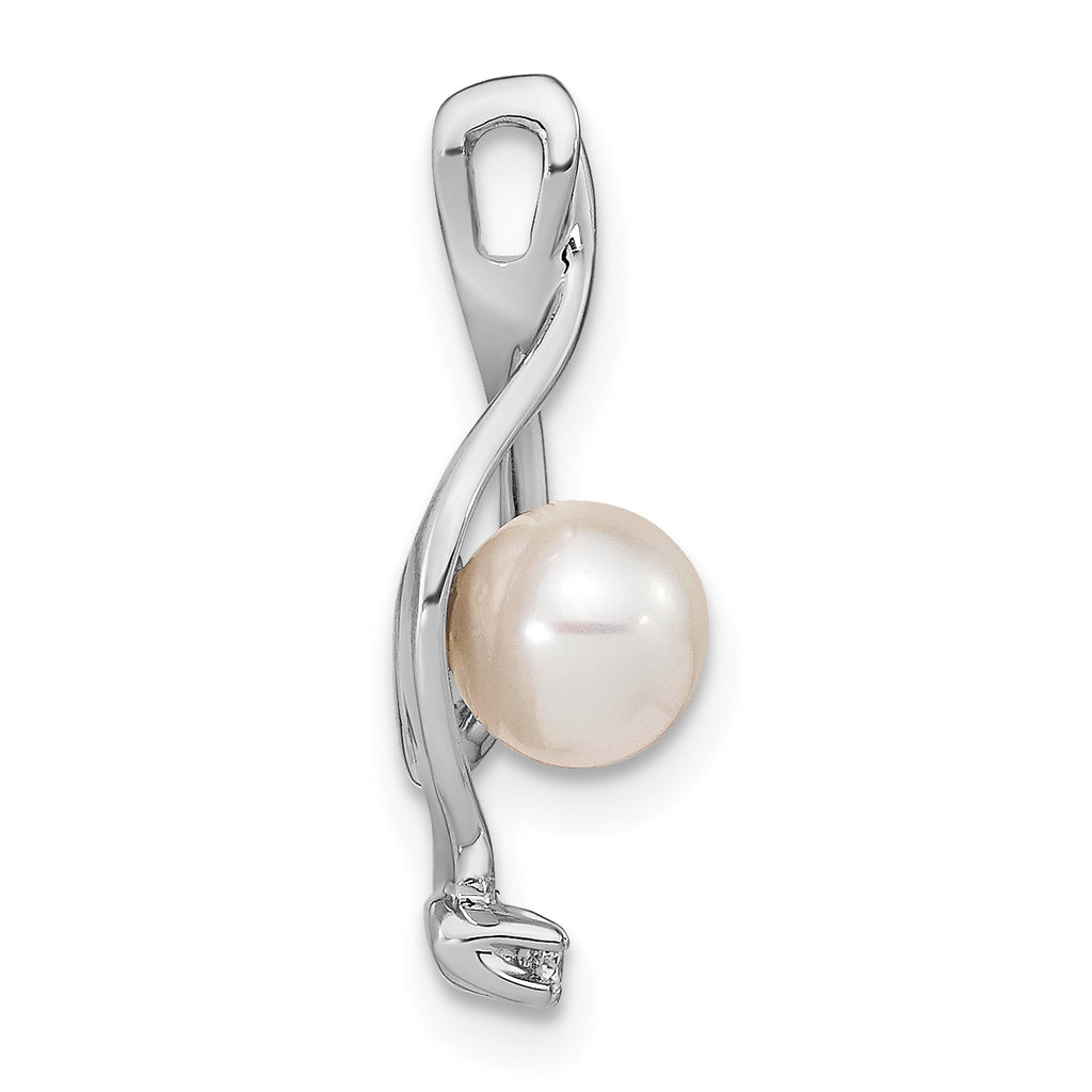 14k White Gold 5-6mm Near Round White Freshwater Cultured Pearl and A Diamond Chain Slide