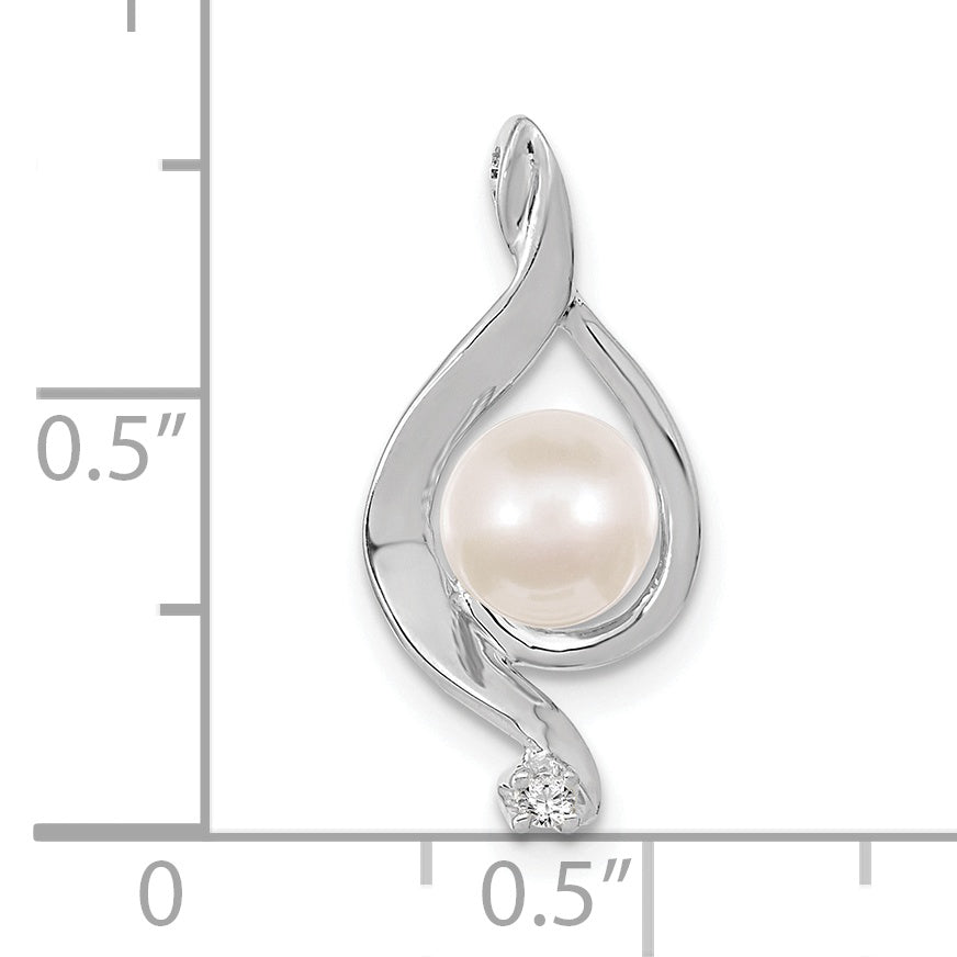 14k White Gold 5-6mm Near Round White Freshwater Cultured Pearl and AAA Diamond Chain Slide