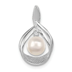 14k White Gold 7-8mm Near Round White Freshwater Cultured Pearl and AAA Diamond Pendant