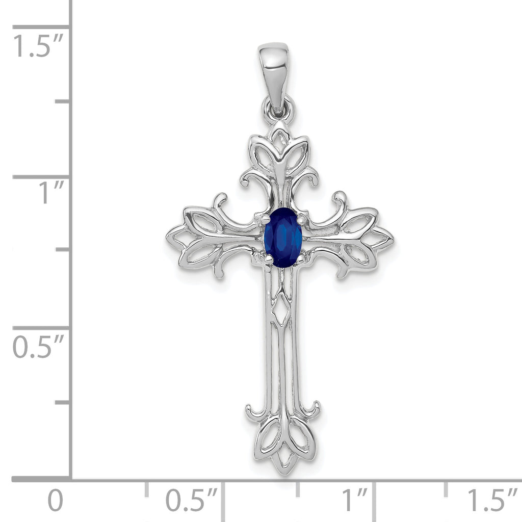 14k White Gold 5x3mm Sapphire Cross Sterling Silver Pendant