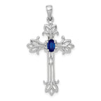 14k White Gold 5x3mm Sapphire Cross Sterling Silver Pendant
