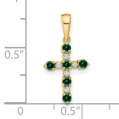 14k Lab Created Emerald and Diamond Cross Pendant