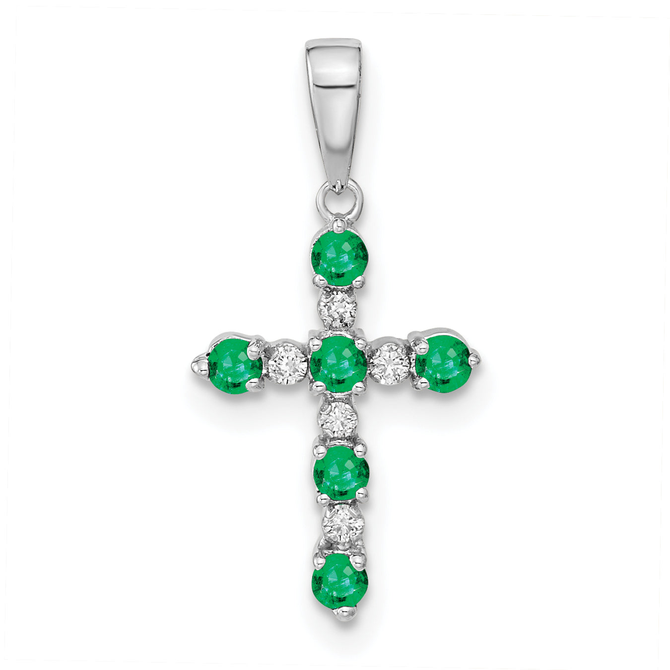 14k White Gold Lab Created Emerald and Diamond Cross Pendant Main image