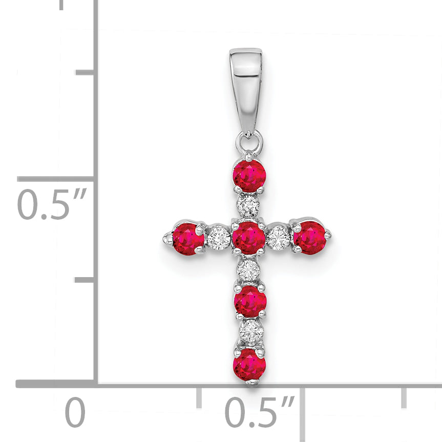 14k White Gold Lab Created Ruby and Diamond Cross Pendant