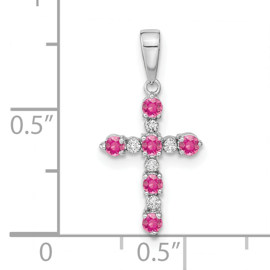 14k White Gold Pink Tourmaline and Diamond Cross Pendant
