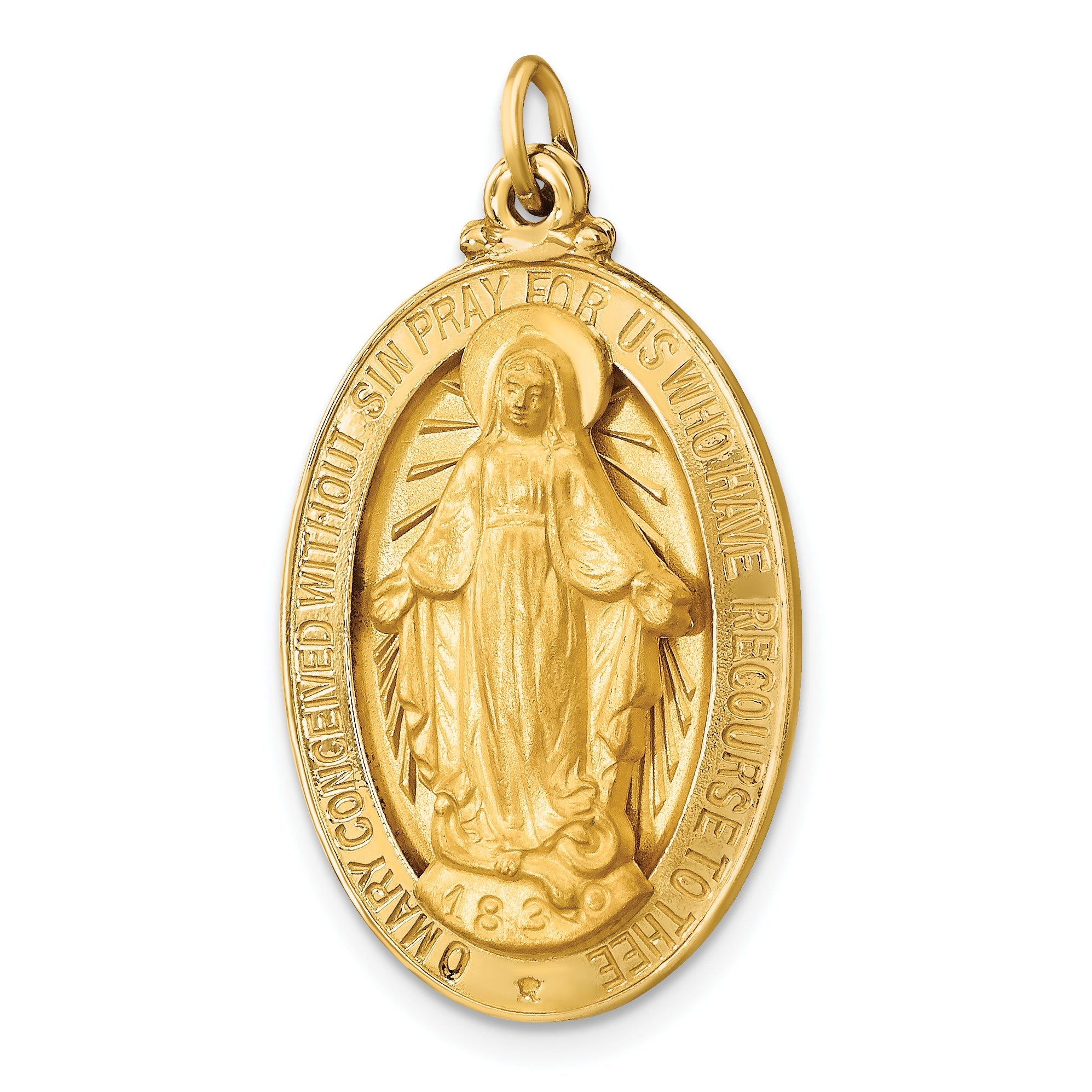 14K Gold Polished/Satin Large Oval Miraculous Medal Pendant, 32mm x 18mm