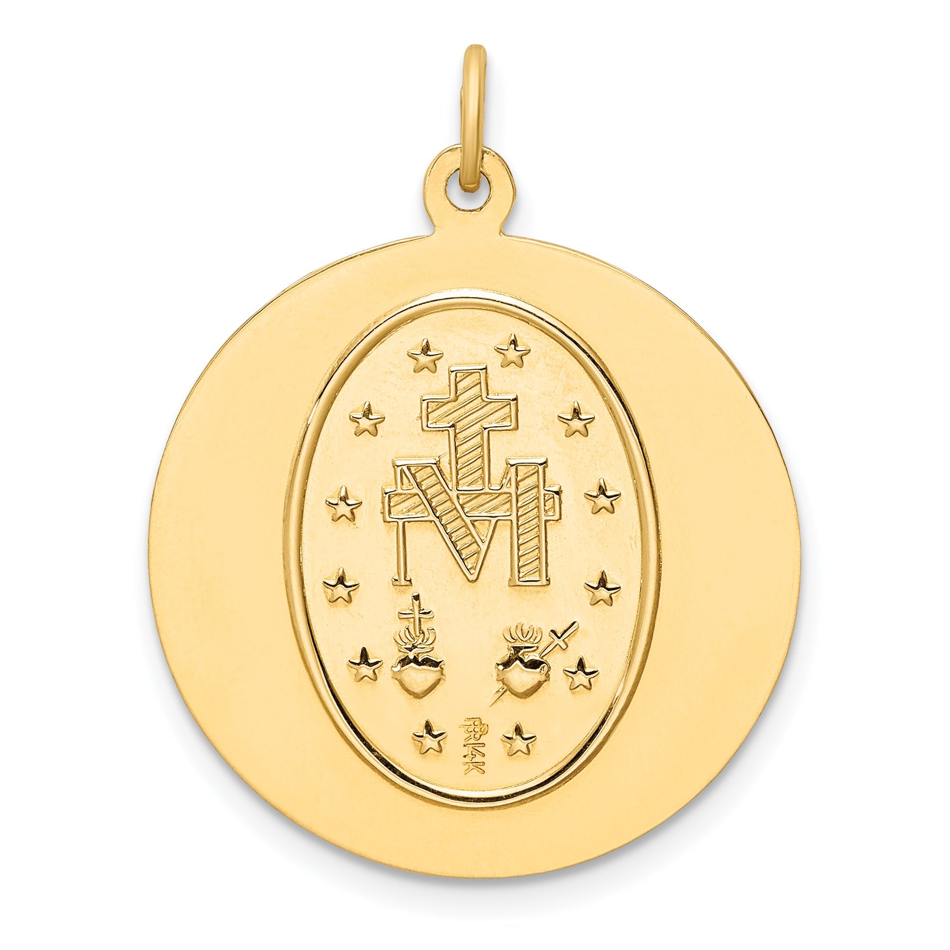 14K Gold Polished/Satin Round Miraculous Medal Pendant, 30mm x 24mm