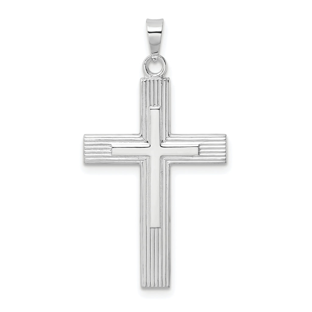 14k White Gold Polished Solid Striped Double Cross Pendant