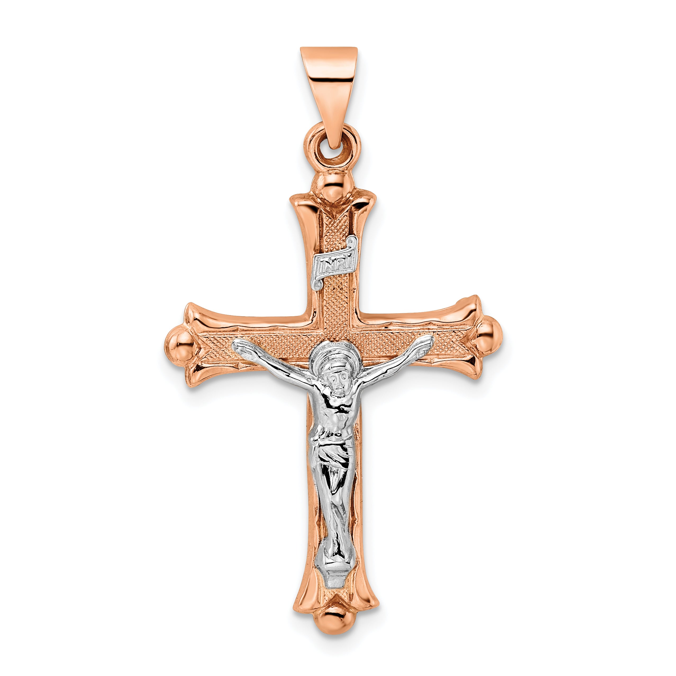 14k Rose and White Gold Polished Fleur de Lis INRI Hollow Crucifix Main image
