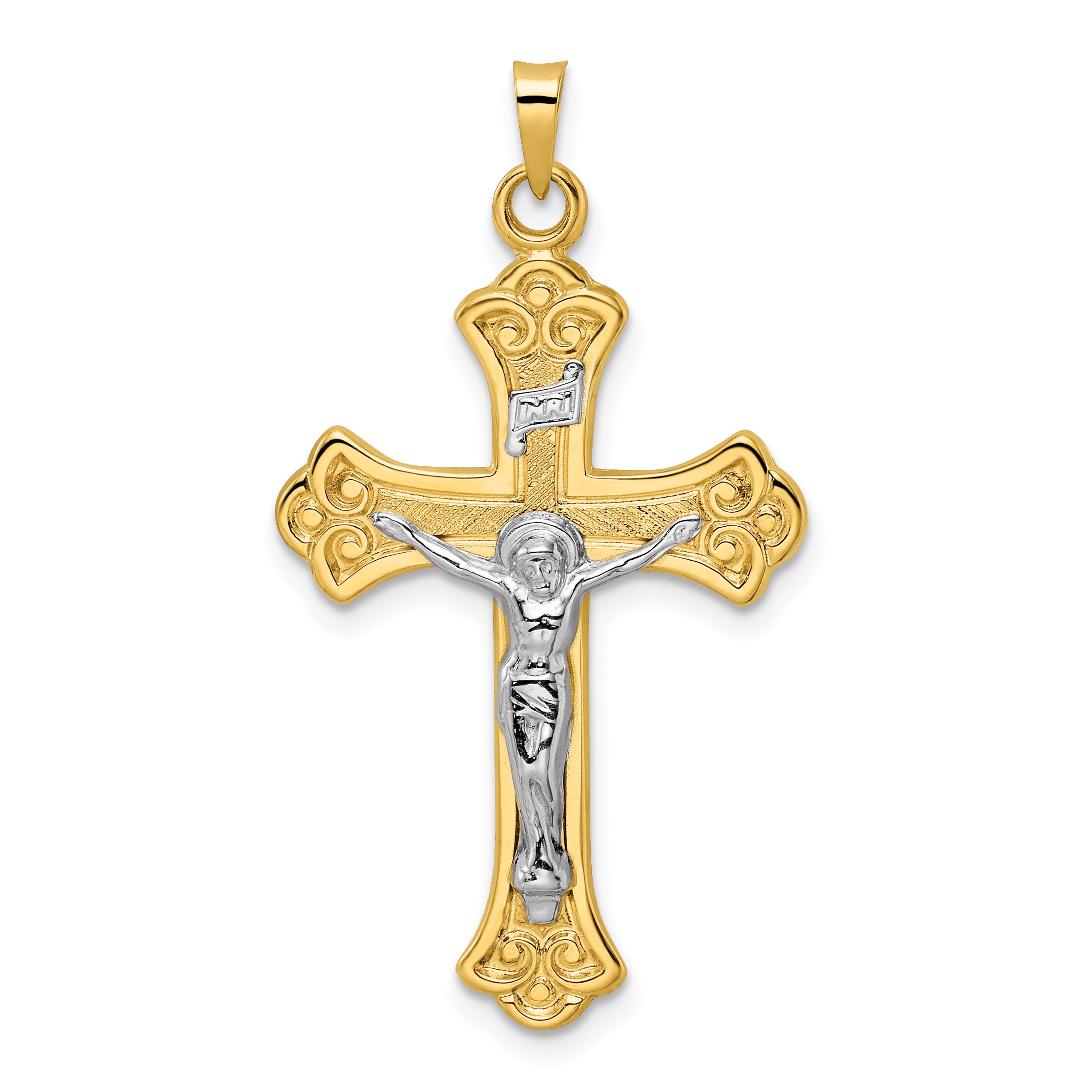 14k Two-tone Polished Solid INRI Fleur de Lis Crucifix Pendant Main image