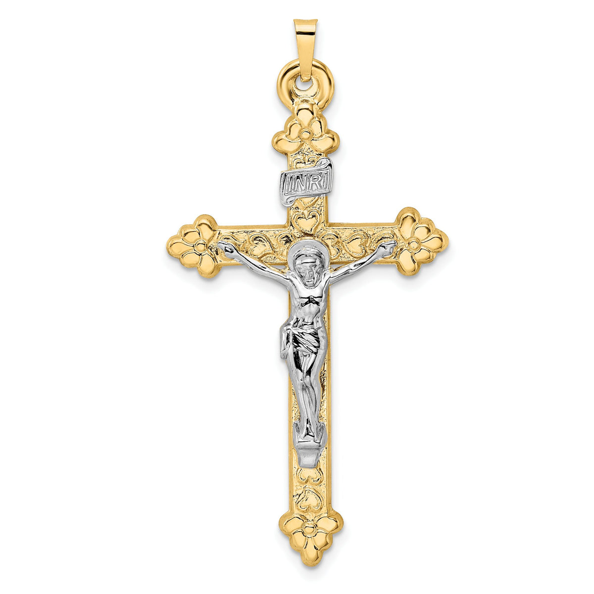 INRI Budded Crucifix Pendant in 14K Two-Tone Gold, 46mm Textured - Sophia Jewelers Main image