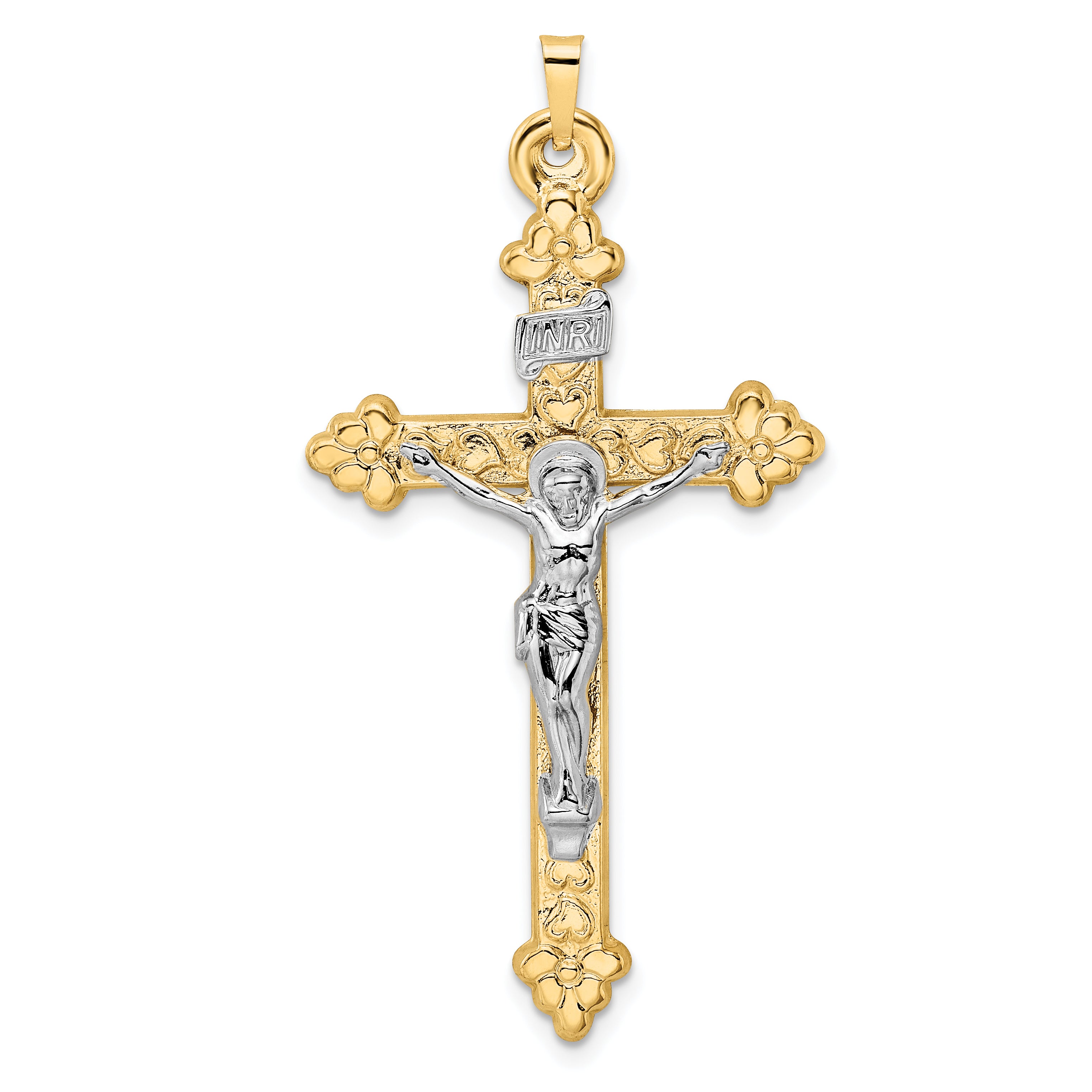 14k Two-tone Polished Hollow INRI Budded Crucifix Pendant Main image