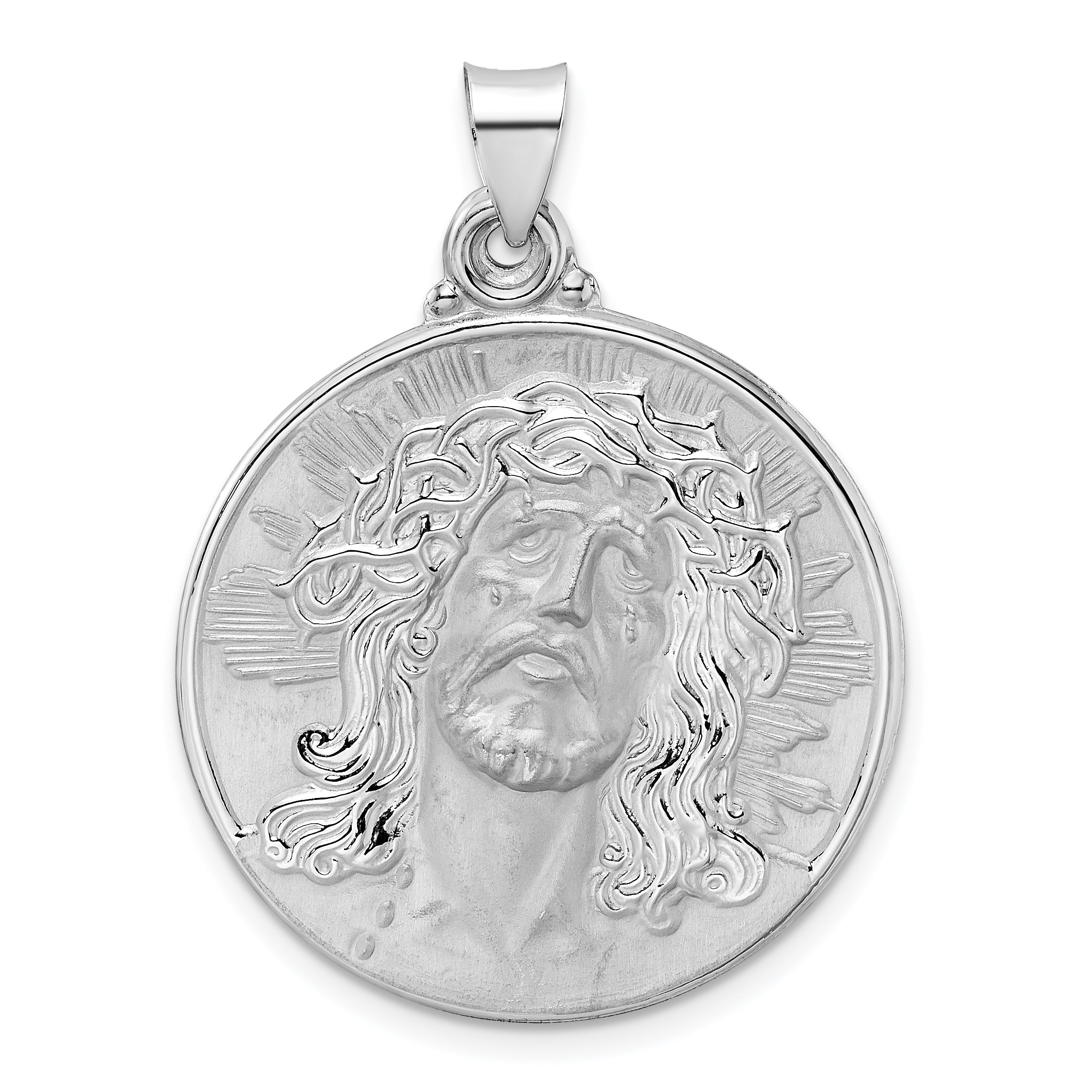 14k White Gold Polished and Satin Hollow Jesus Face Disc Pendant Main image
