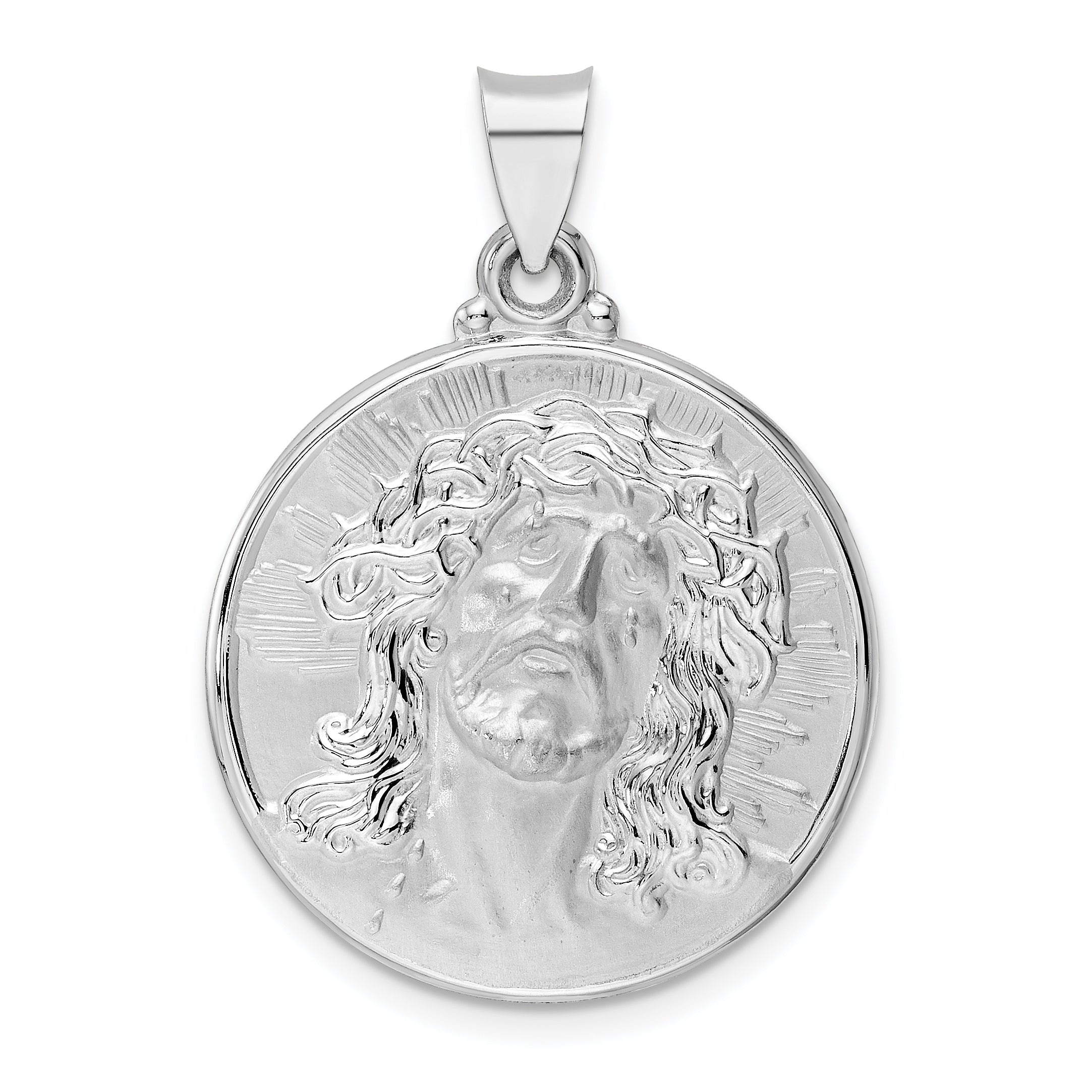 14k White Gold Polished and Satin Hollow Jesus Face Disc Pendant Main image