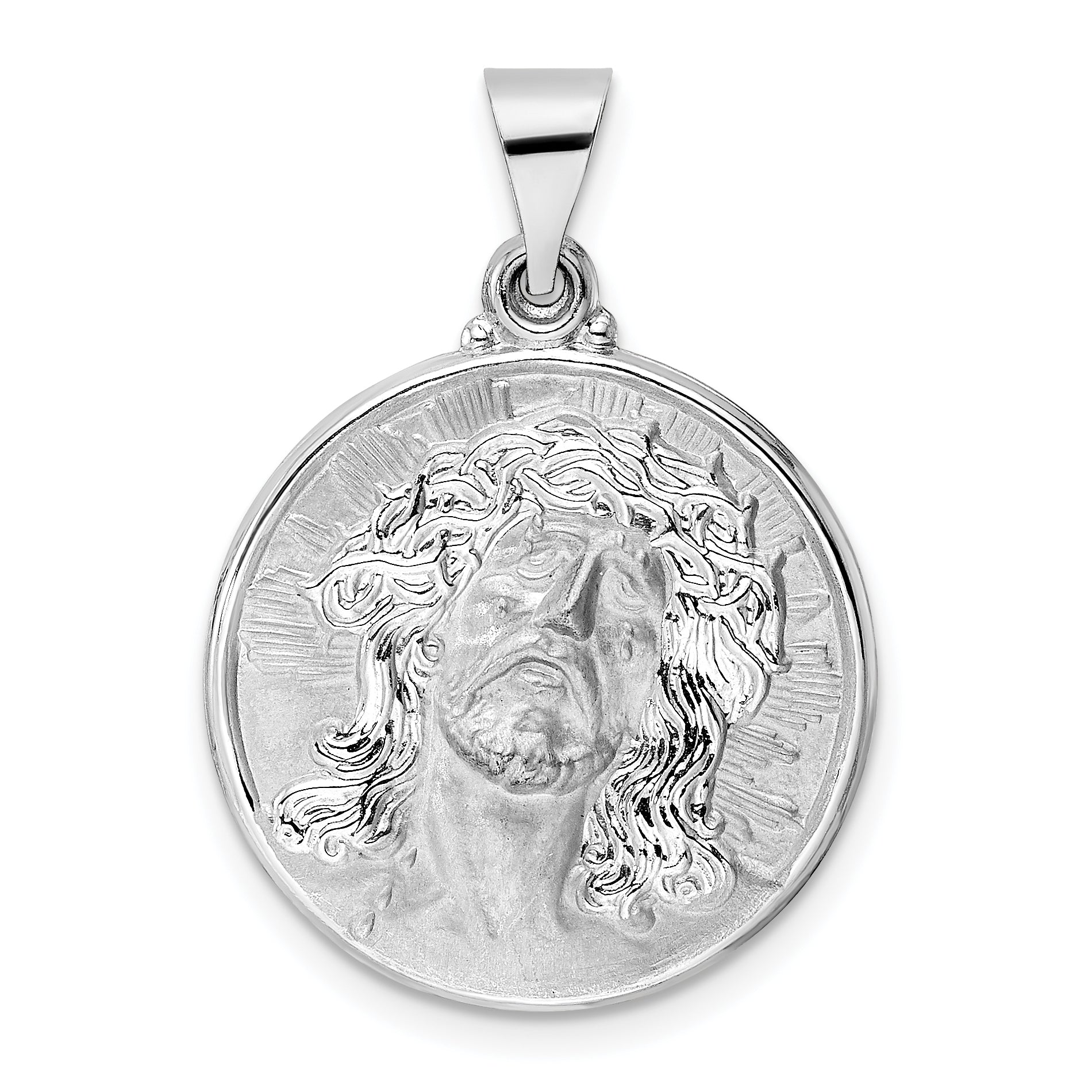 14k White Gold Polished and Satin Hollow Jesus Face Disc Pendant Main image