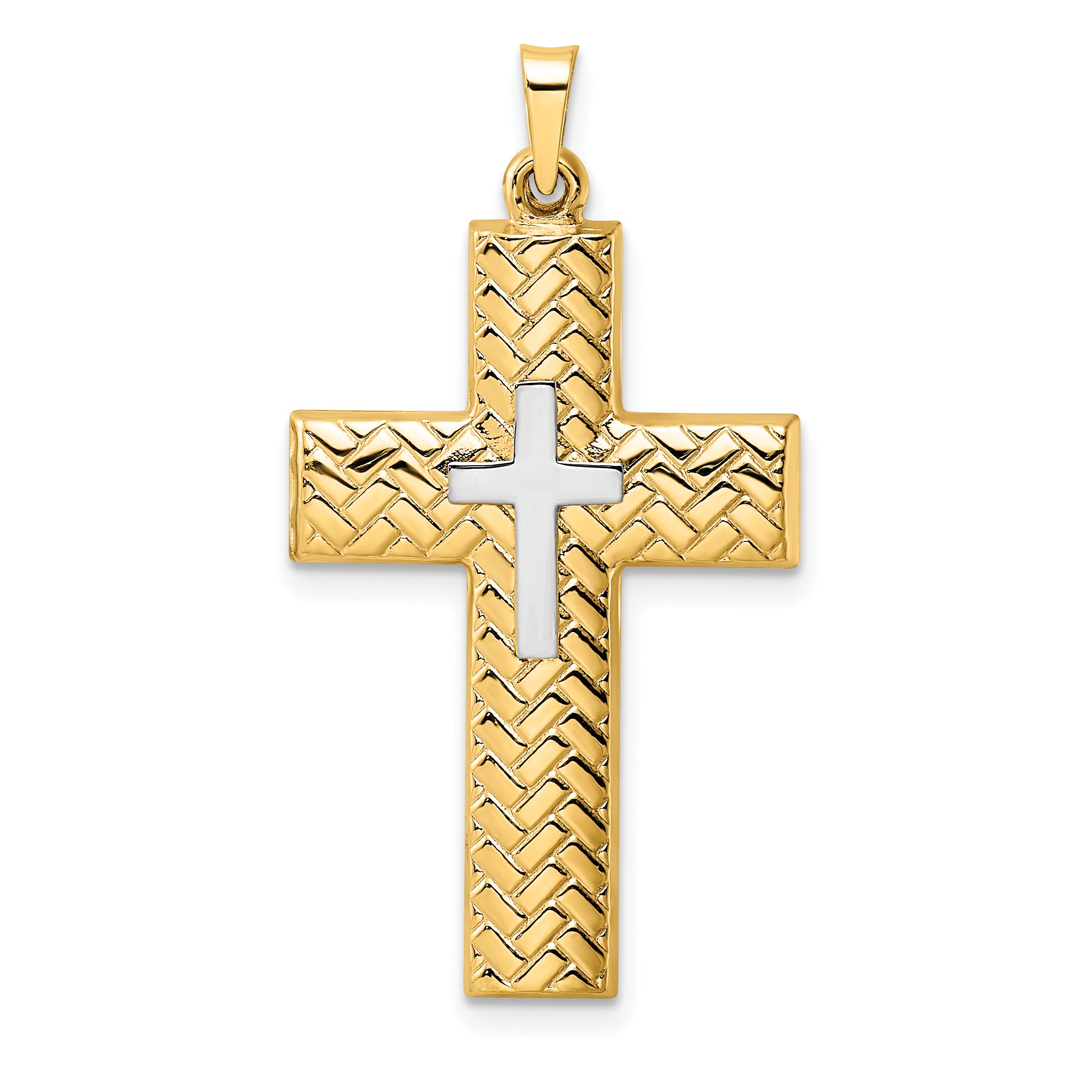 14k Two-tone Polished Hollow Woven Double Cross Pendant Main image
