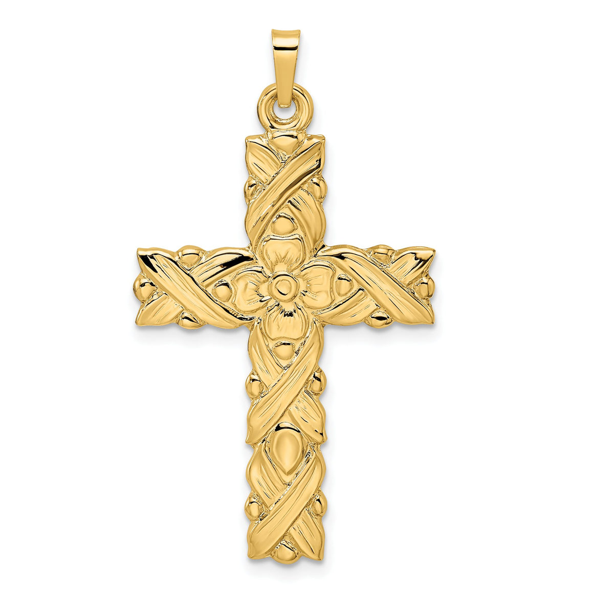 Floral Cross Pendant in 14K Yellow Gold, 25mm Textured - Sophia Jewelers Main image