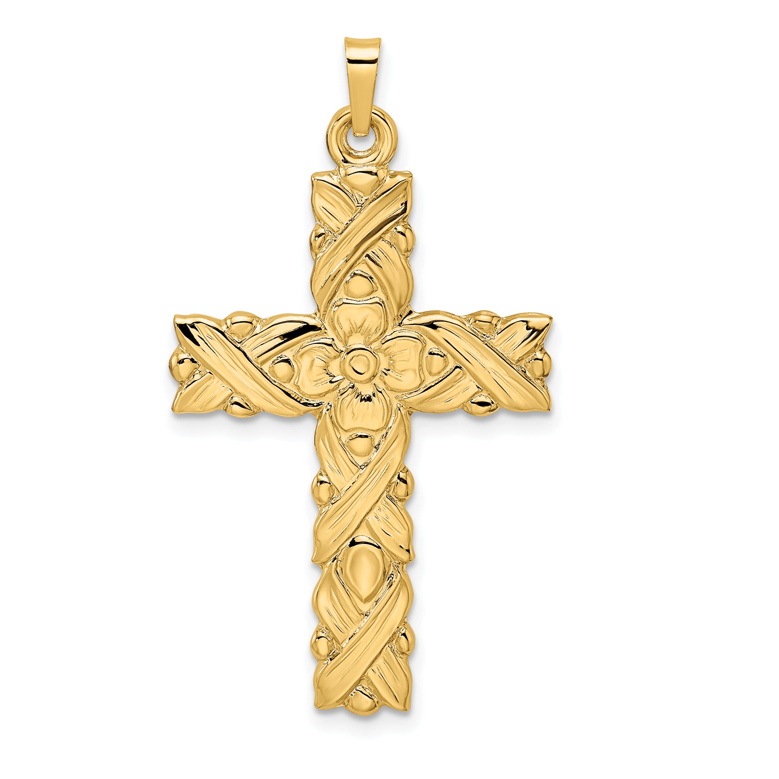 14k Polished and Textured Floral Solid Cross Pendant Main image