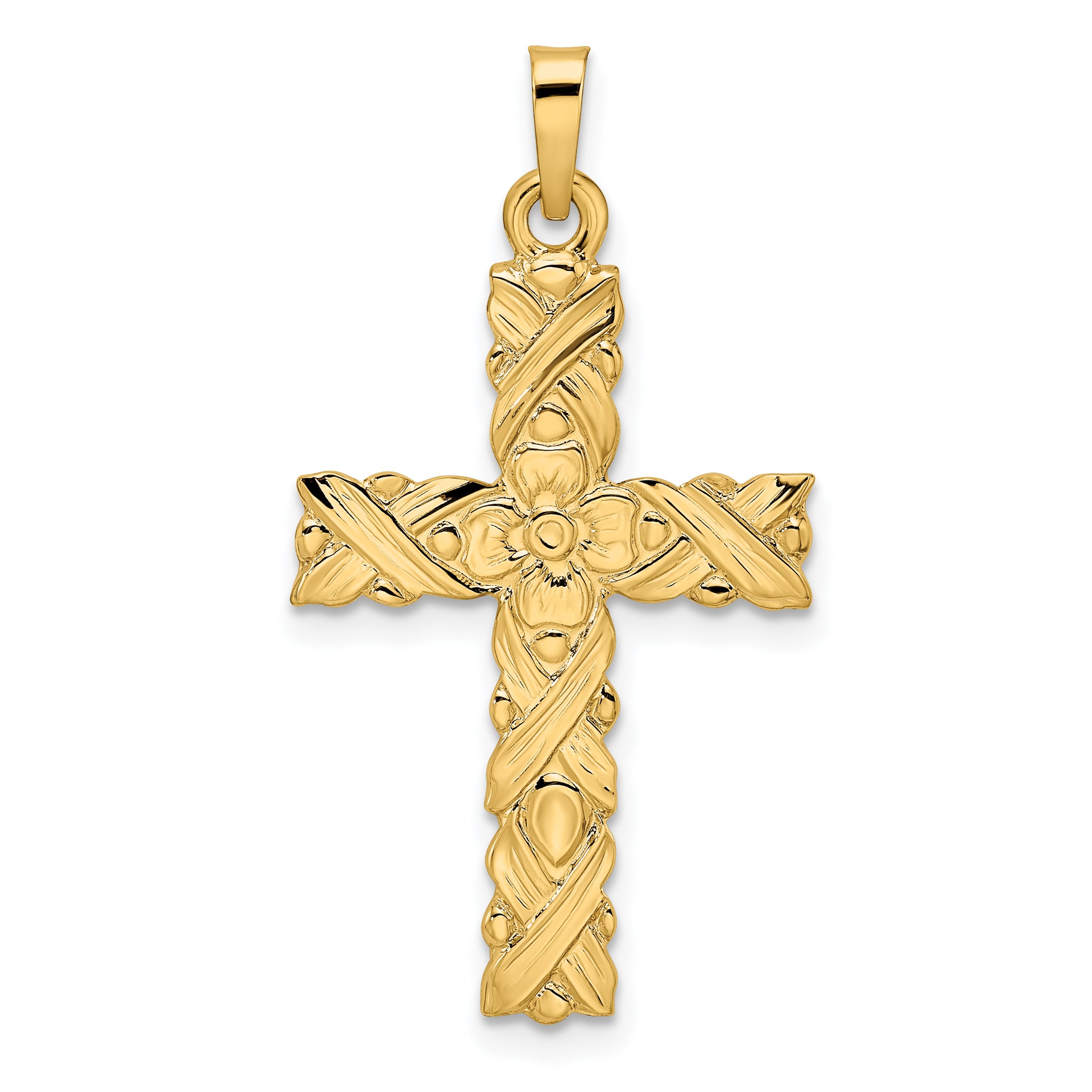 14k Polished and Textured Solid Floral Cross Pendant Main image