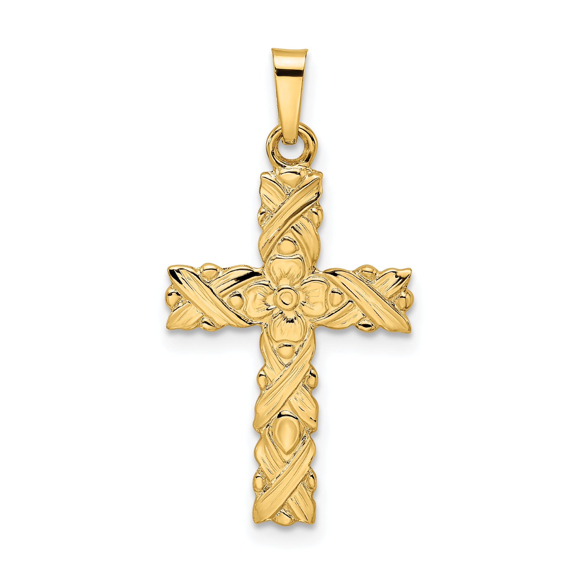 14k Polished and Textured Solid Floral Cross Pendant Main image