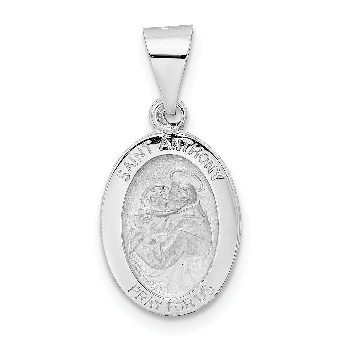 14k White Gold Polished and Satin Hollow Oval St Anthony Medal Pendant Main image
