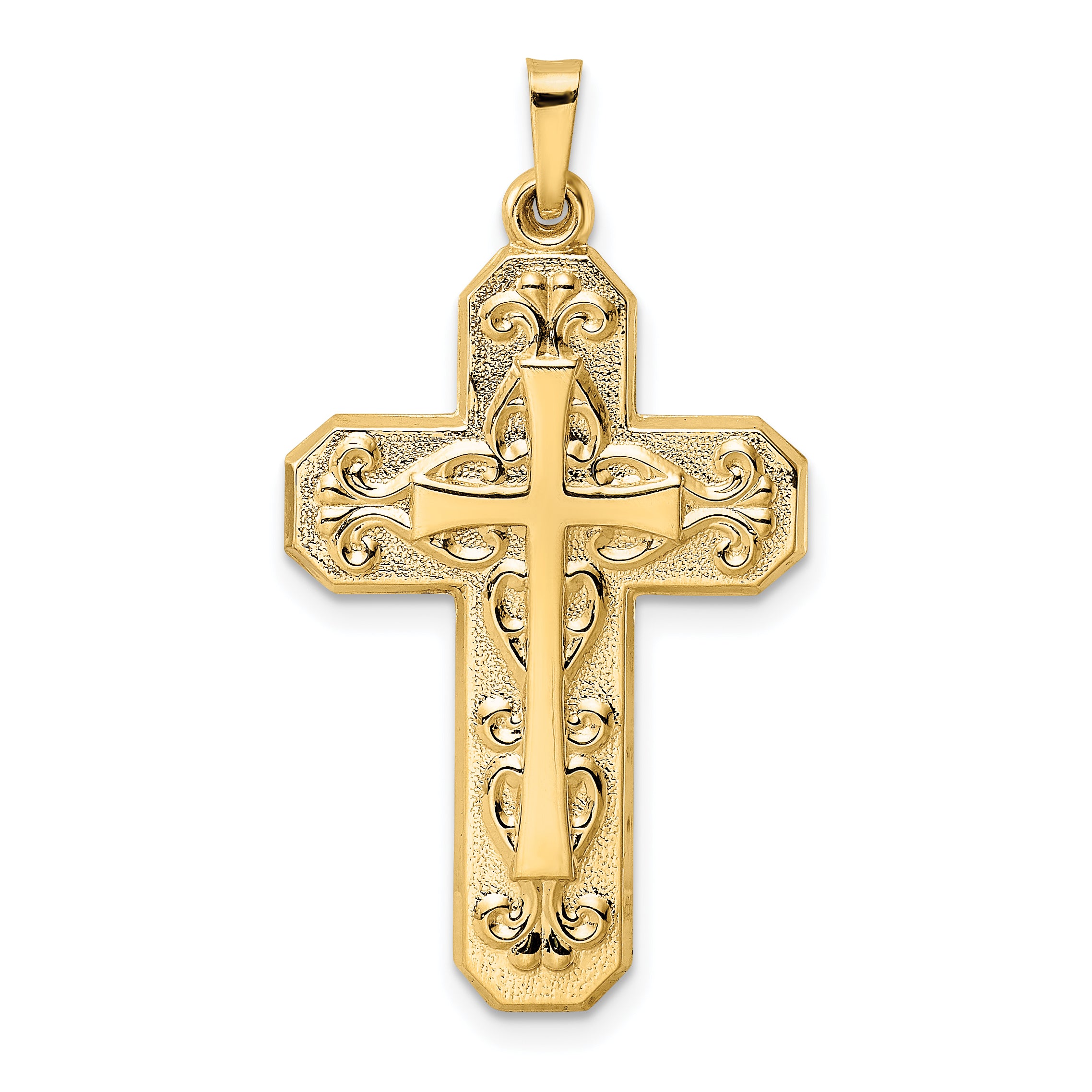 14k Polished and Textured Hollow Scroll Design Double Cross Pendant Main image
