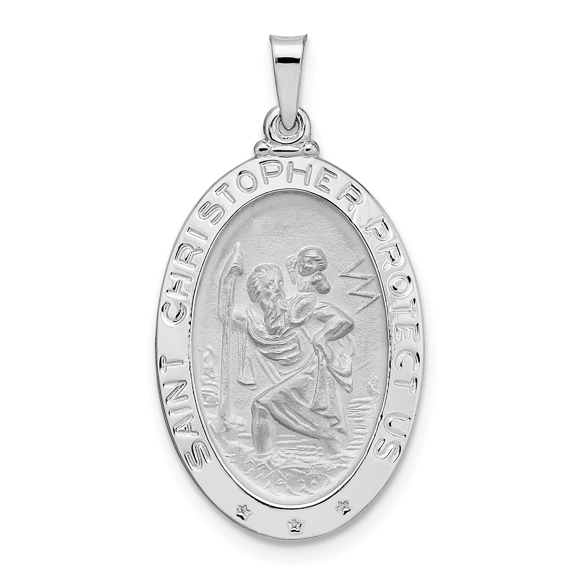 14k White Gold Polished Oval Solid Saint Christopher Medal Pendant Main image