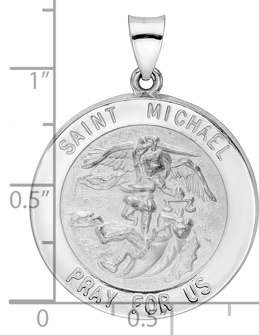 14k White Gold Polished and Satin Hollow St Michael Medal Pendant