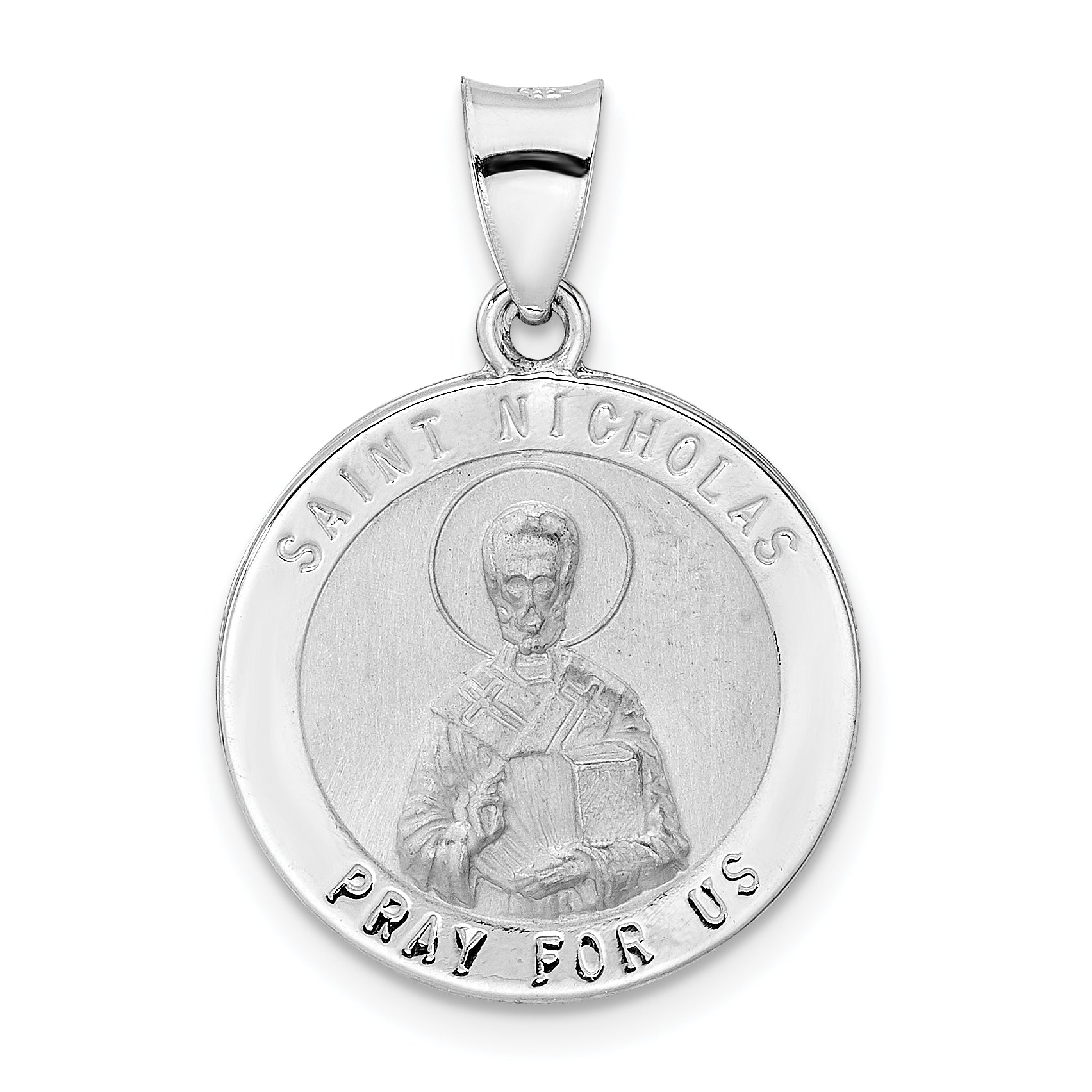 14k White Gold Polished and Satin Hollow St Nicholas Medal Pendant Main image