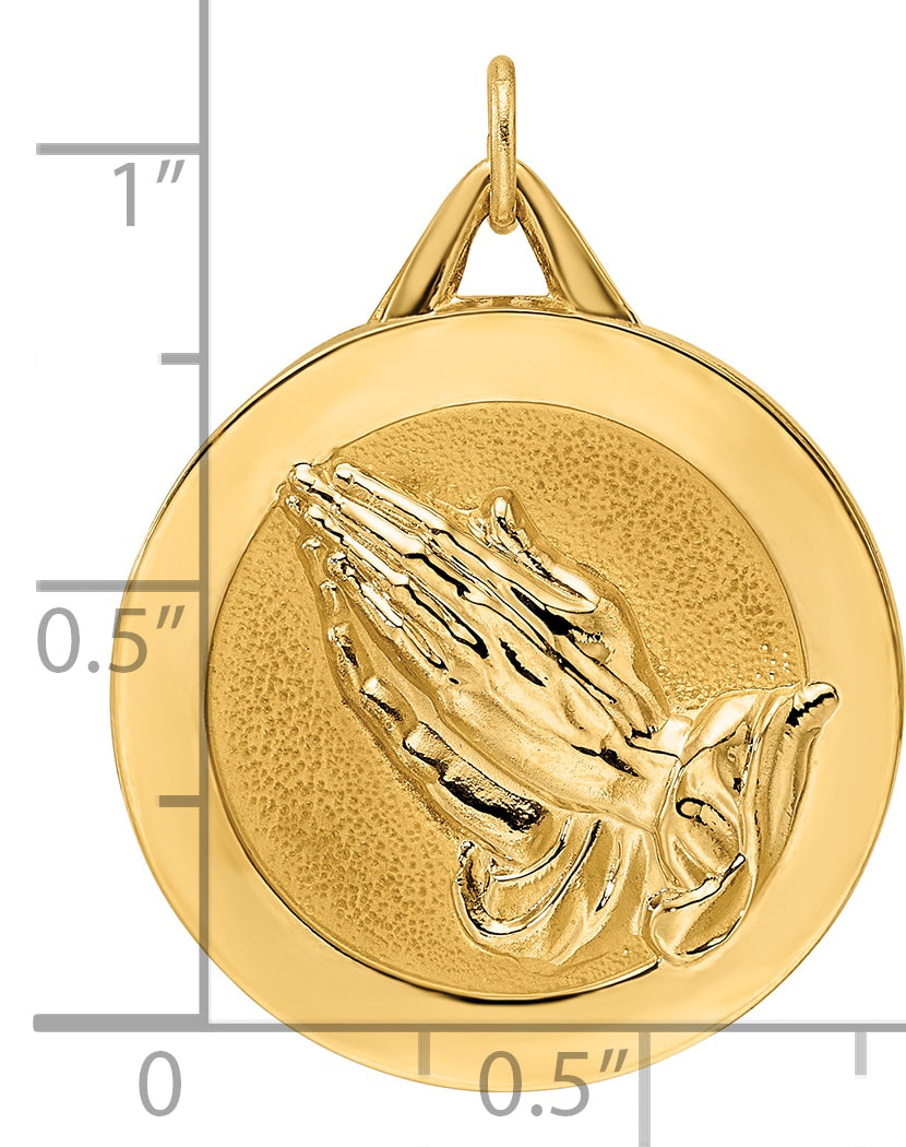 14K Yellow Gold Polished Solid Reversible Praying Hands Serenity Prayer Disc Pendant