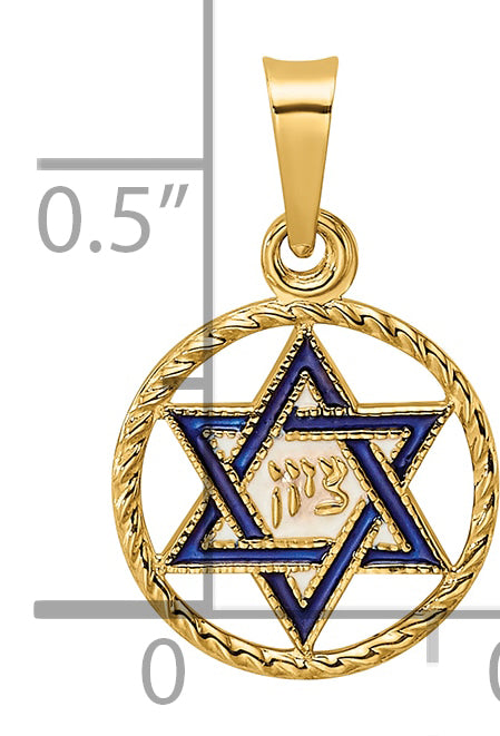 14k Polished Solid Enameled Star of David in Frame Pendant