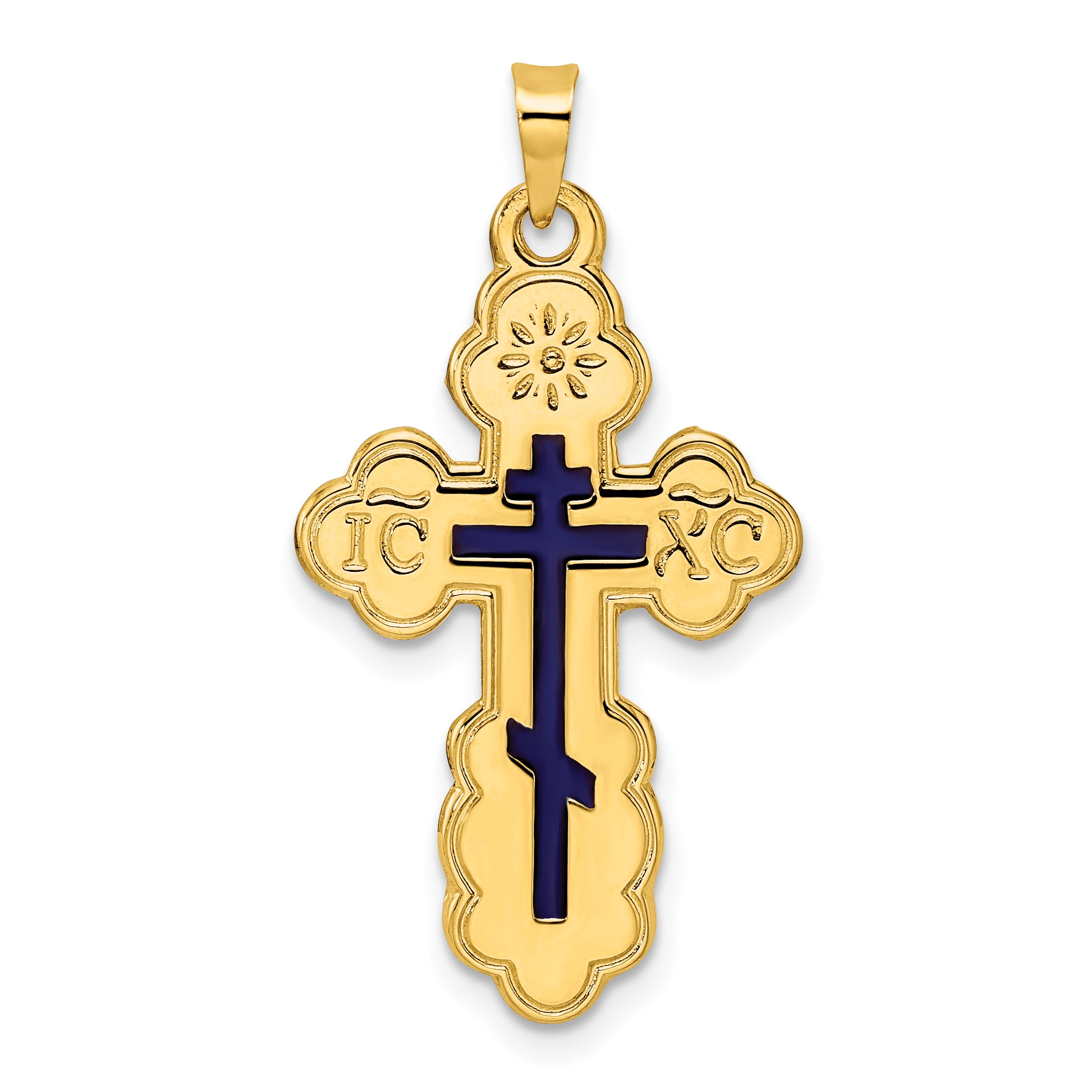 14k Polished Eastern Orthodox Blue Enamel Solid Cross Pendant Main image