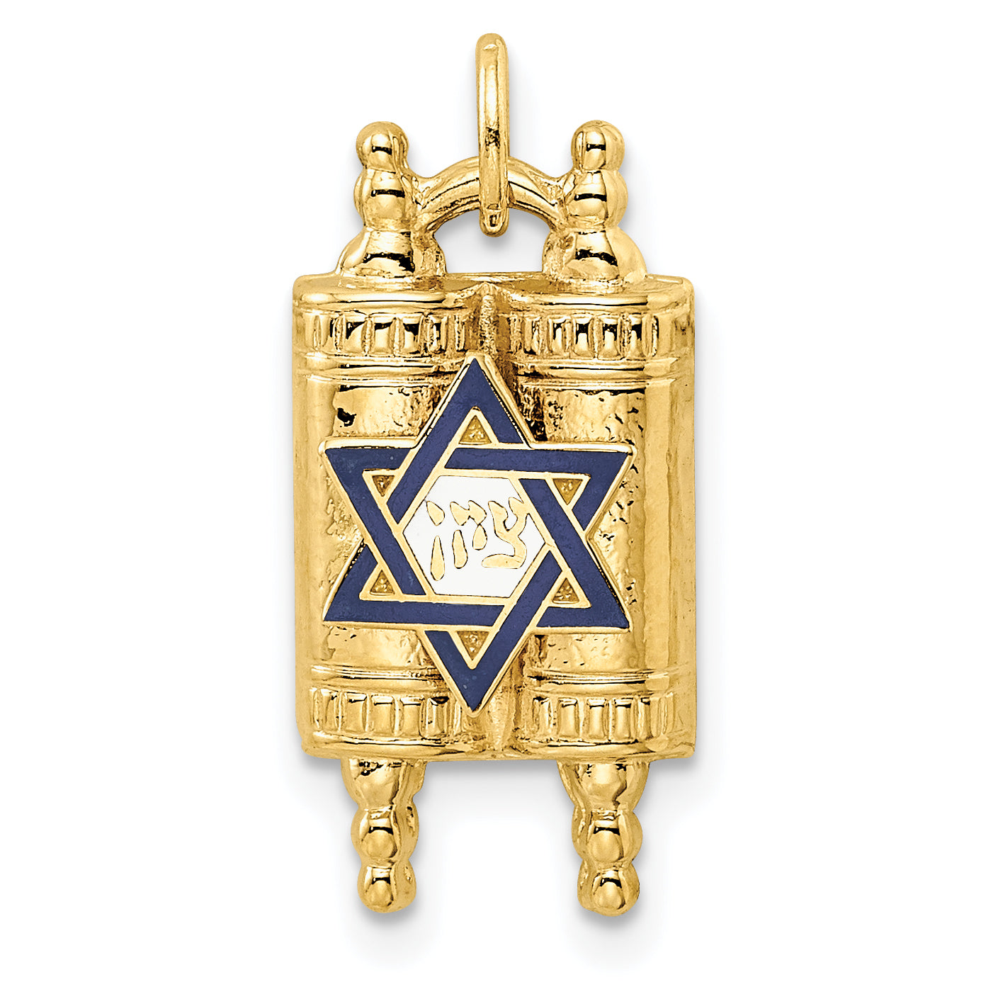 14k Polished Solid Torah and Enameled Star of David Pendant