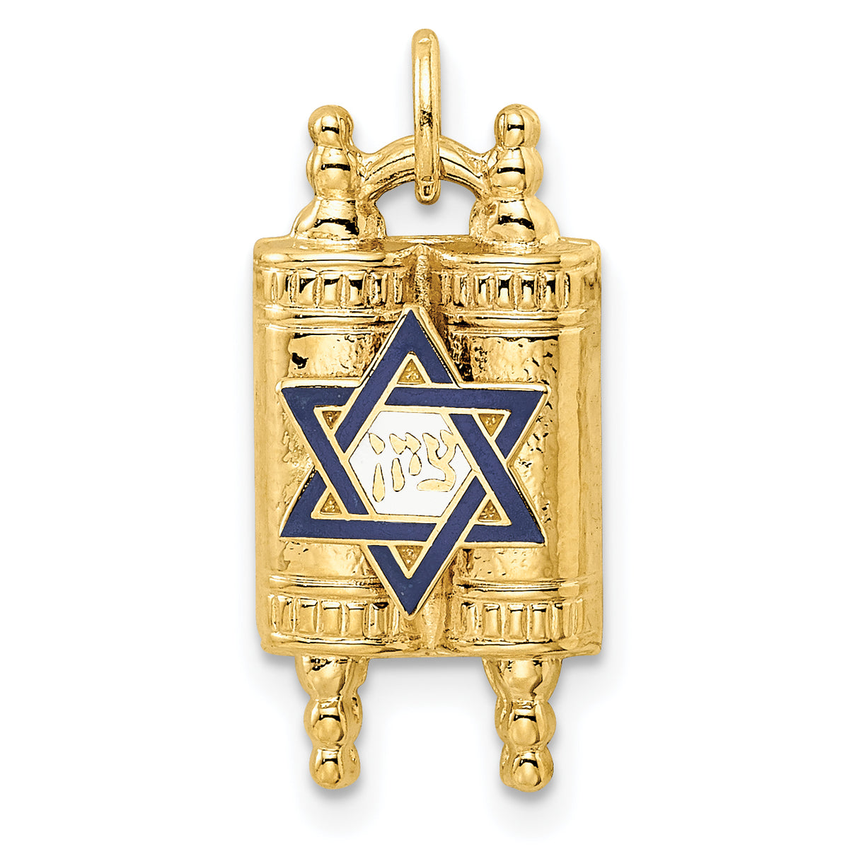 14k Polished Solid Torah and Enameled Star of David Pendant