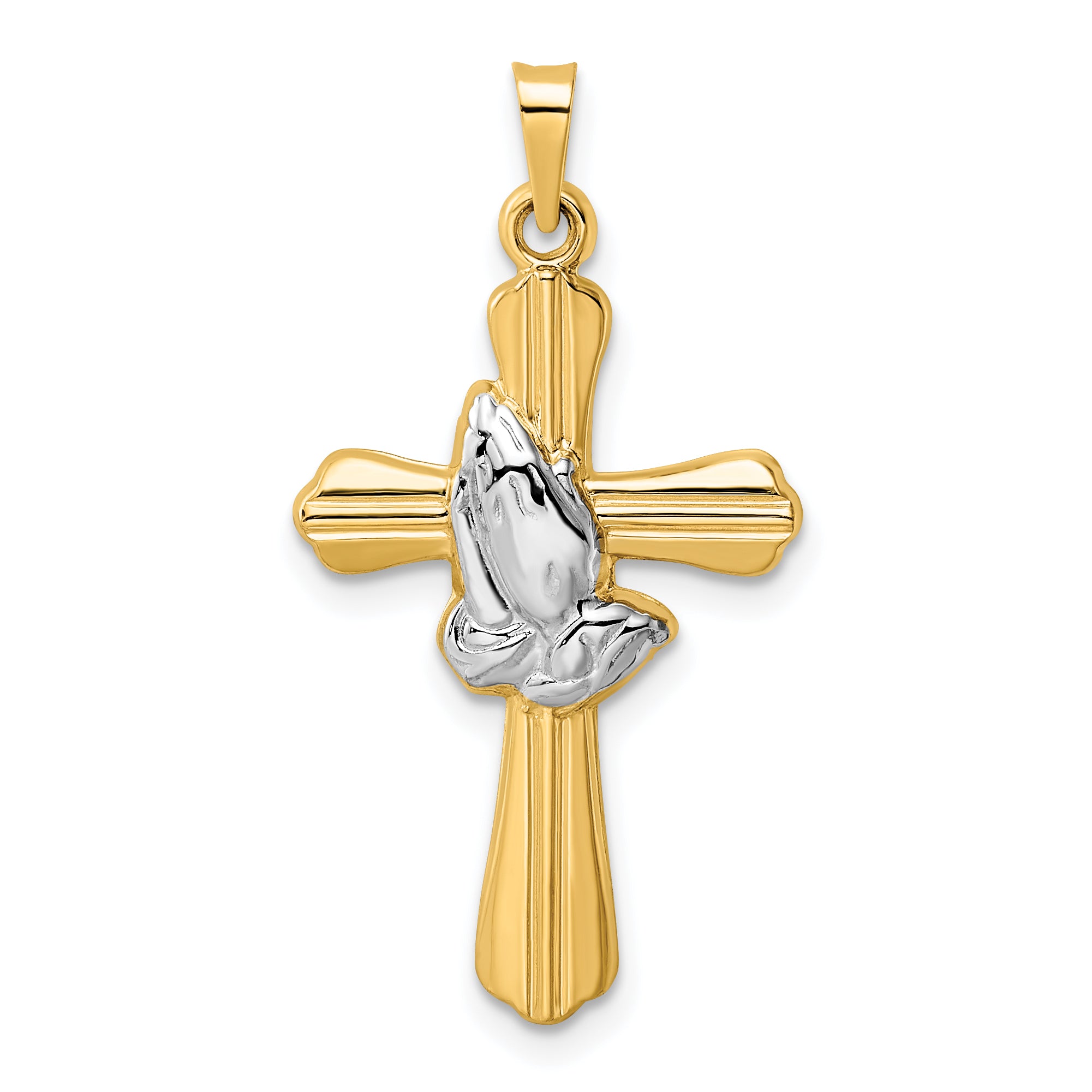 14k w/Rhodium Polished Hollow Praying Hands Cross Pendant Main image