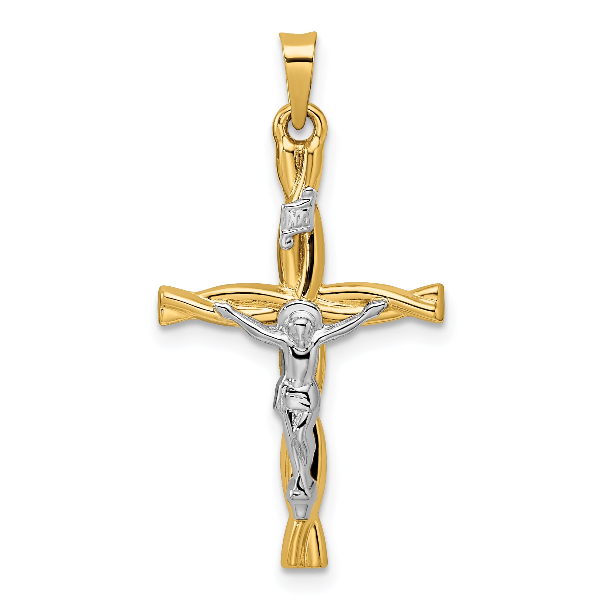 14k Two-tone Polished Hollow INRI Crucifix Twisted Cross Pendant Main image