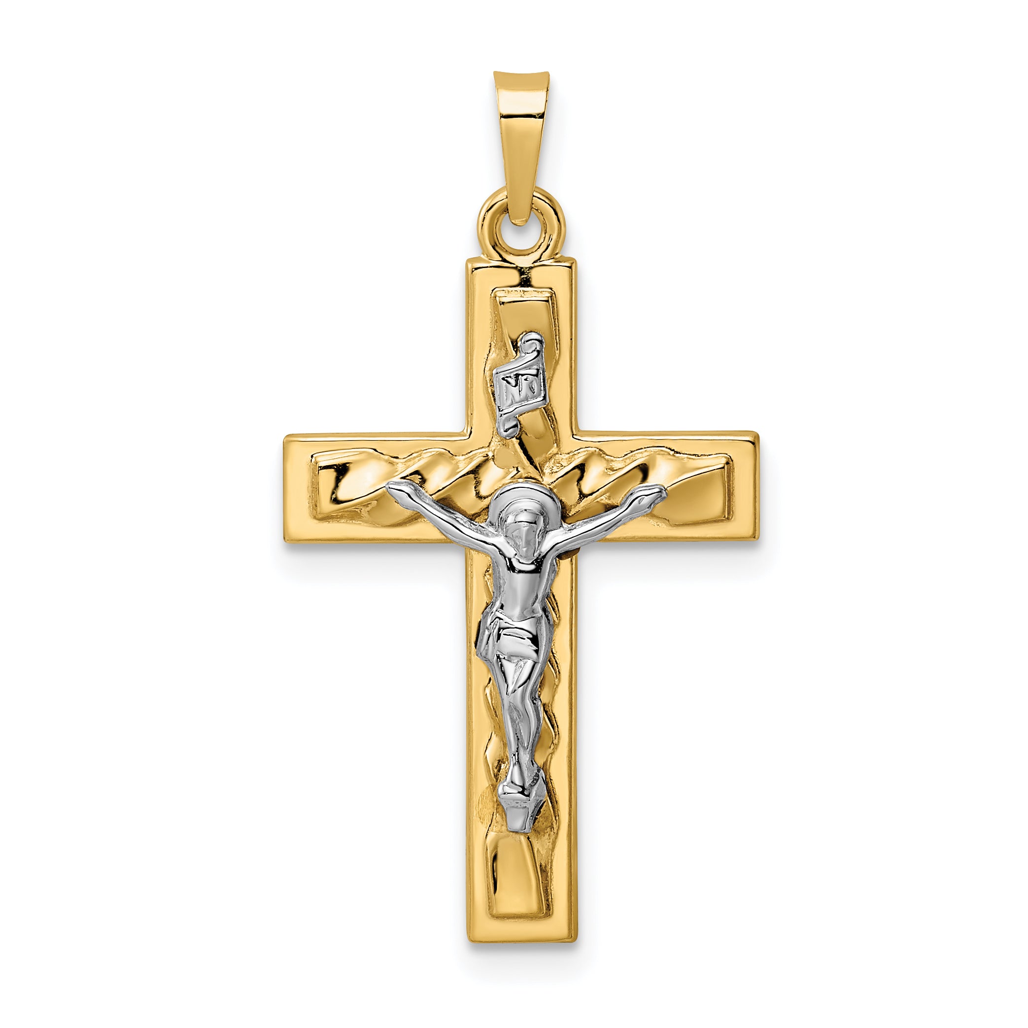 14k Two-tone Polished and Twisted Hollow INRI Crucifix Pendant Main image