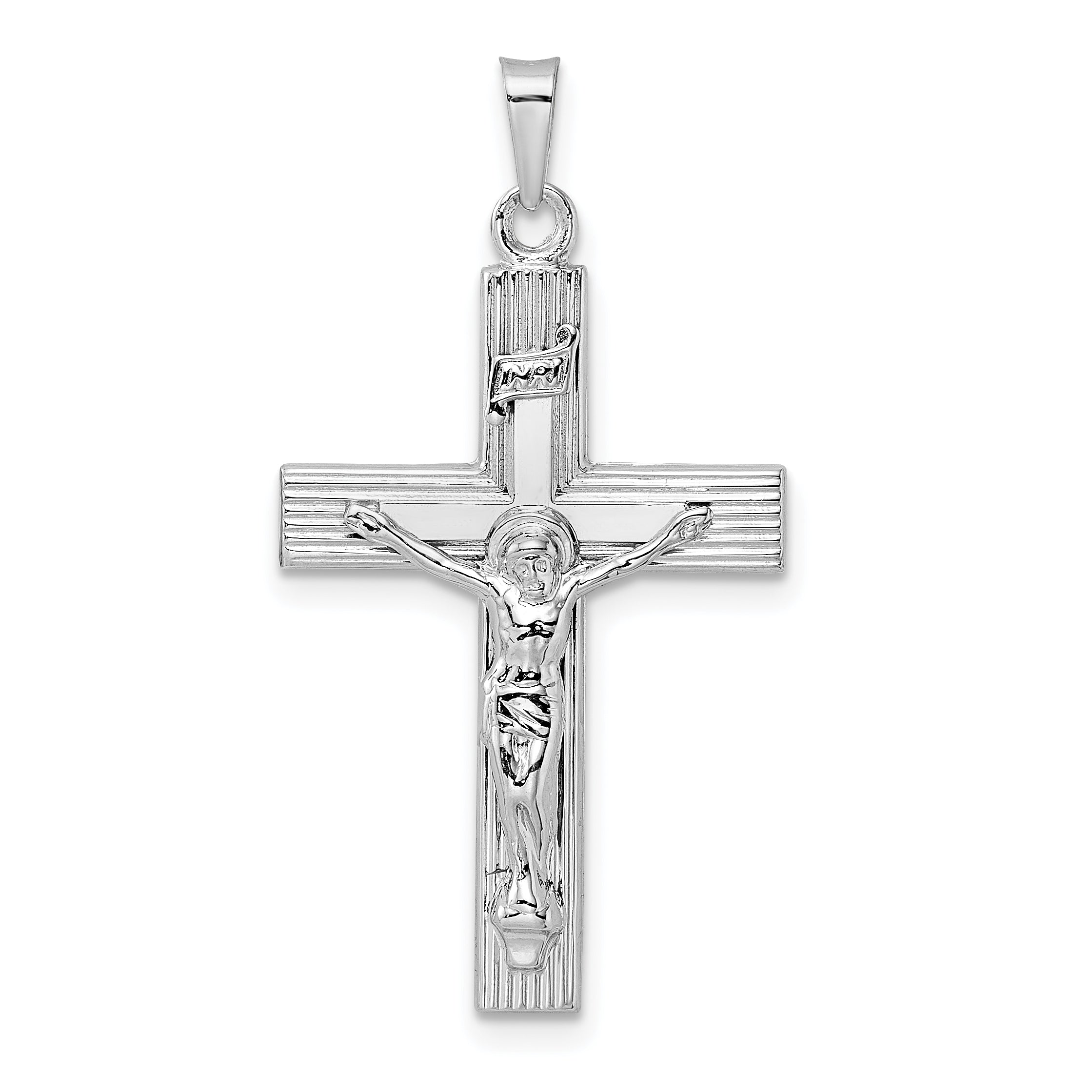 14k White Gold Polished Solid INRI Striped Crucifix Pendant Main image