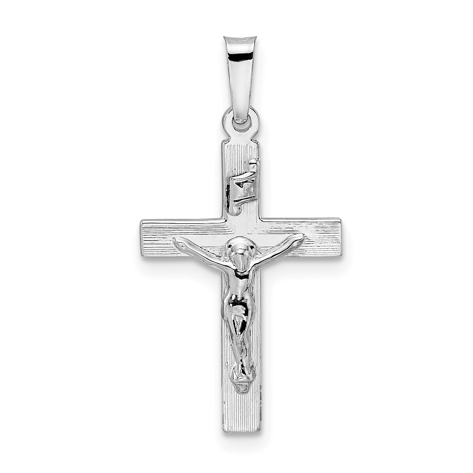 14k White Gold Polished Solid INRI Striped Crucifix Pendant Main image