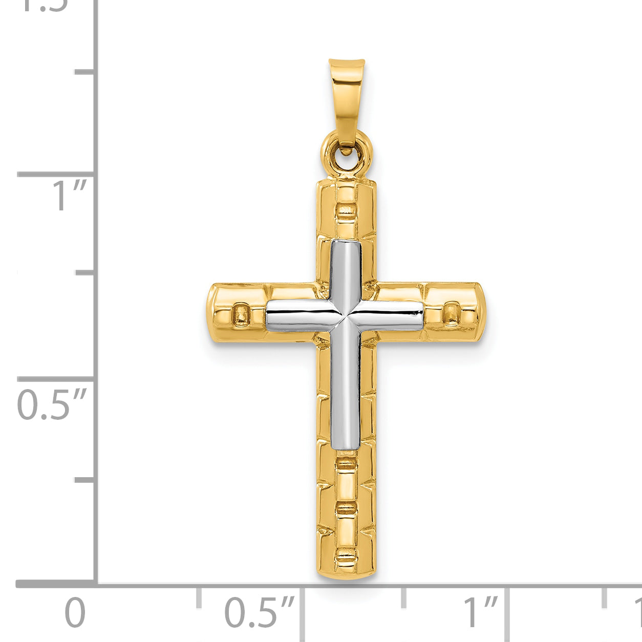 14k Two-Tone Textured and Polished Hollow Latin Cross Pendant