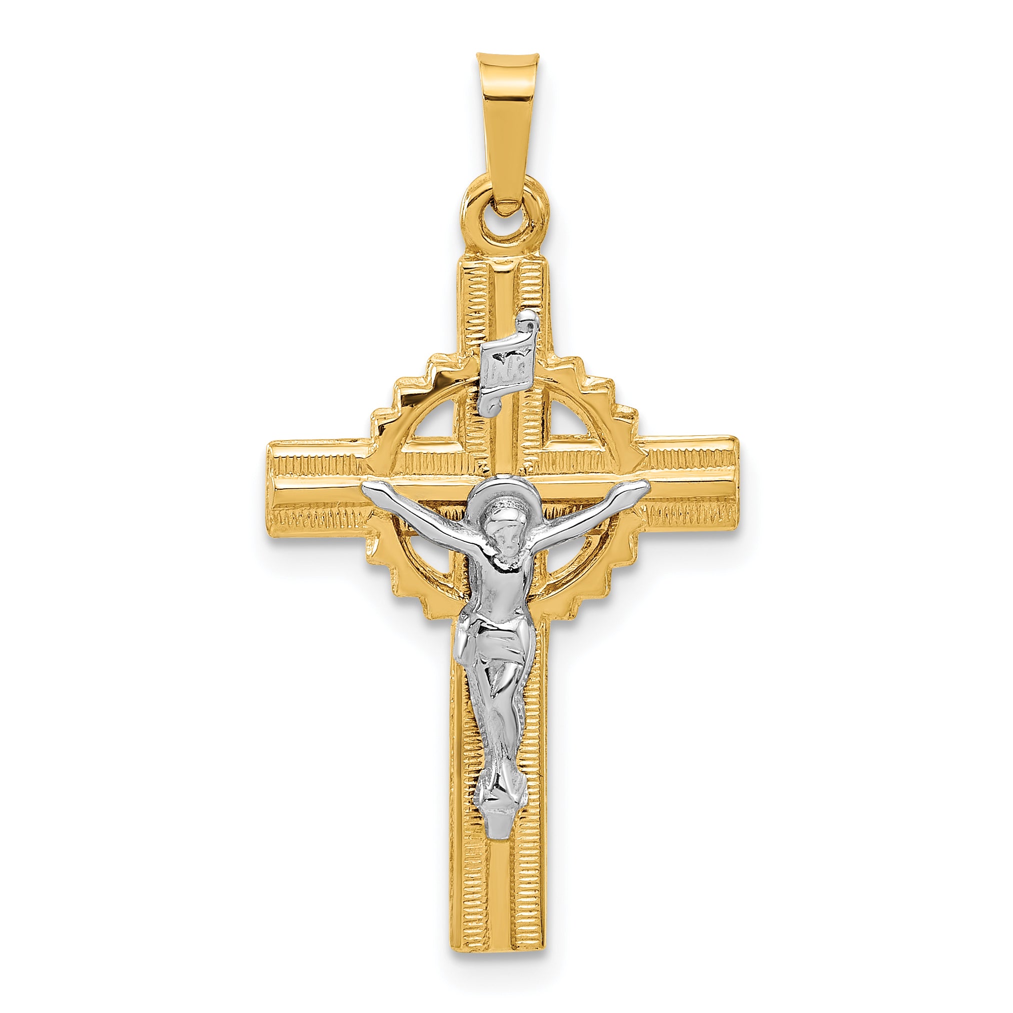 14k Two-Tone Hollow INRI Crucifix Pendent Main image